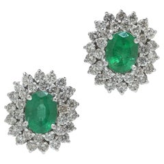 Vintage 18KT White Gold Emerald and Diamond Cluster Earrings
