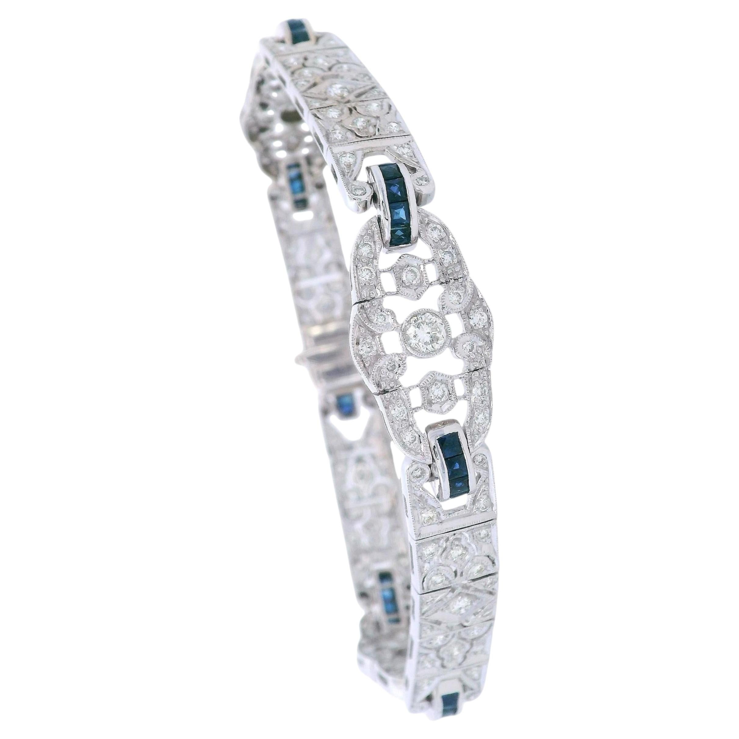 Vintage 18kt or blanc Filigree Diamond & Sapphire Bracelet en vente