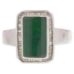 Vintage 18KT White Gold Jade & Baguette Diamond Ring
