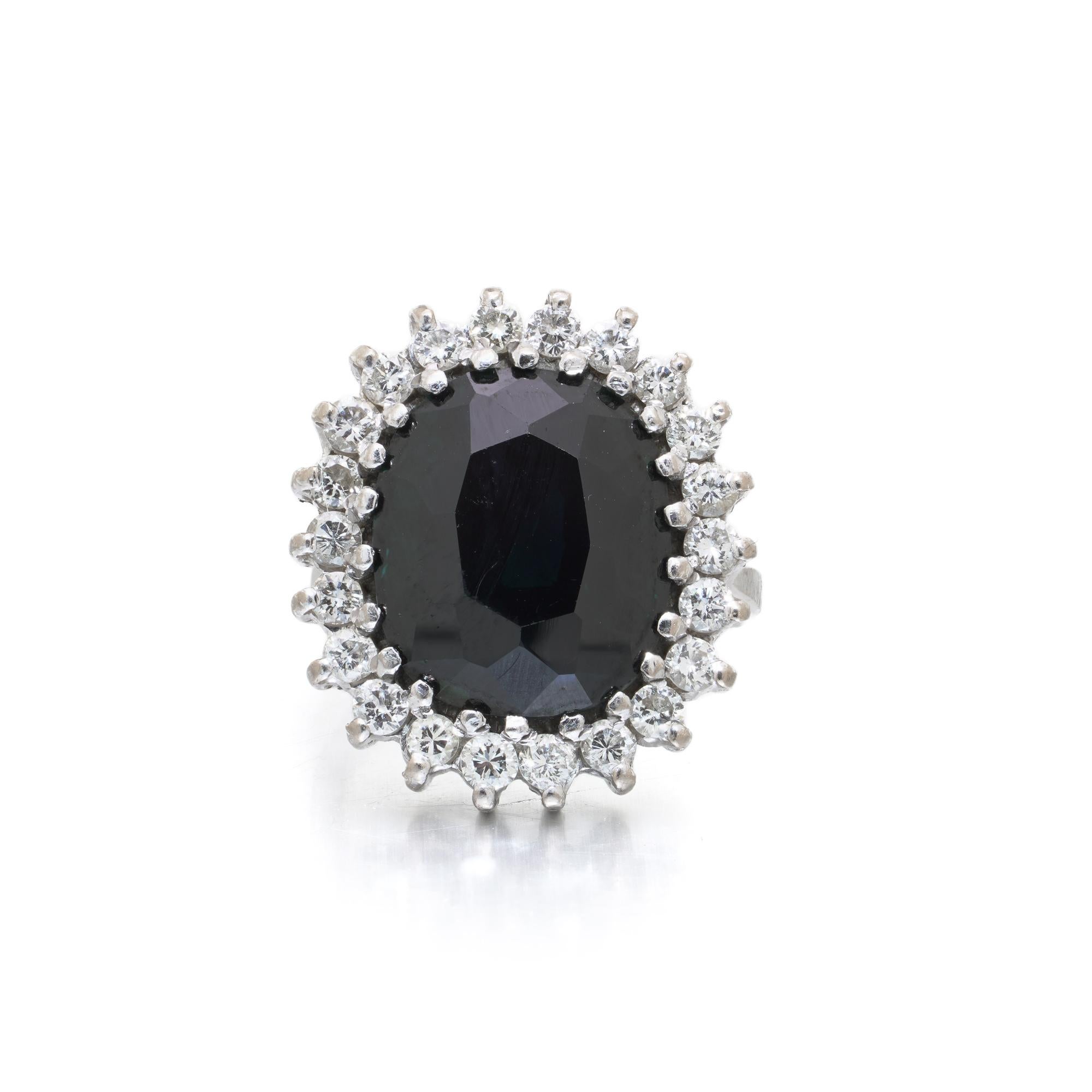 Vintage 18KT Weißgold Natürlicher Blauer Saphir & Diamant Cluster Ring