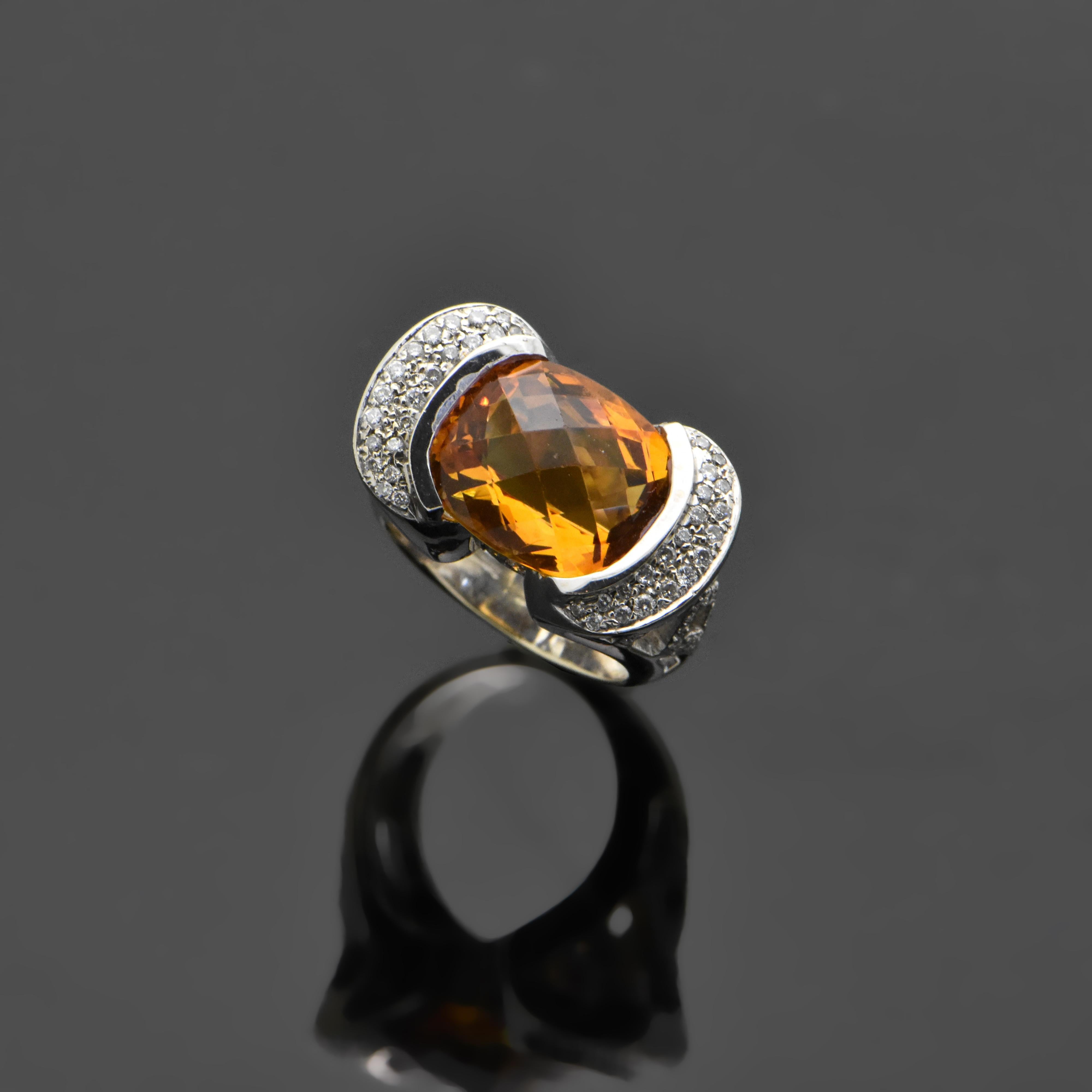 Cushion Cut Vintage 18 Karat White Gold Ring with Citrine and Diamond Ring For Sale