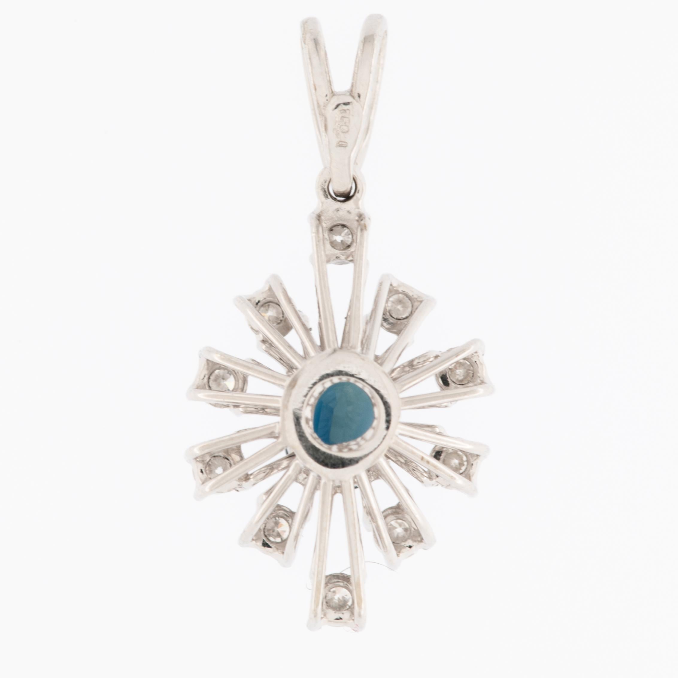 Artisan Vintage 18kt White Gold Sunray Design Pendant with Diamonds and Sapphire For Sale