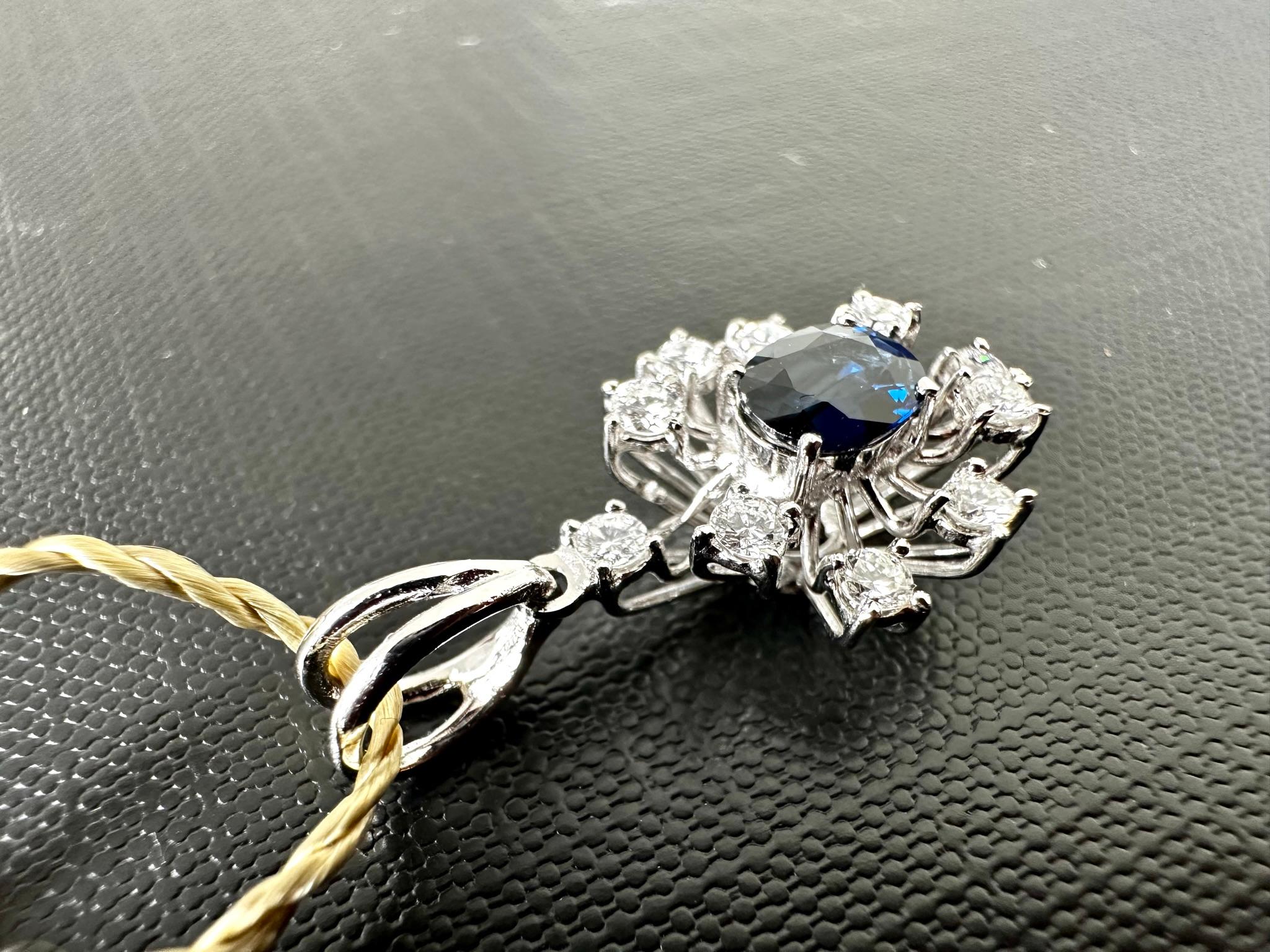 Vintage 18kt White Gold Sunray Design Pendant with Diamonds and Sapphire For Sale 1