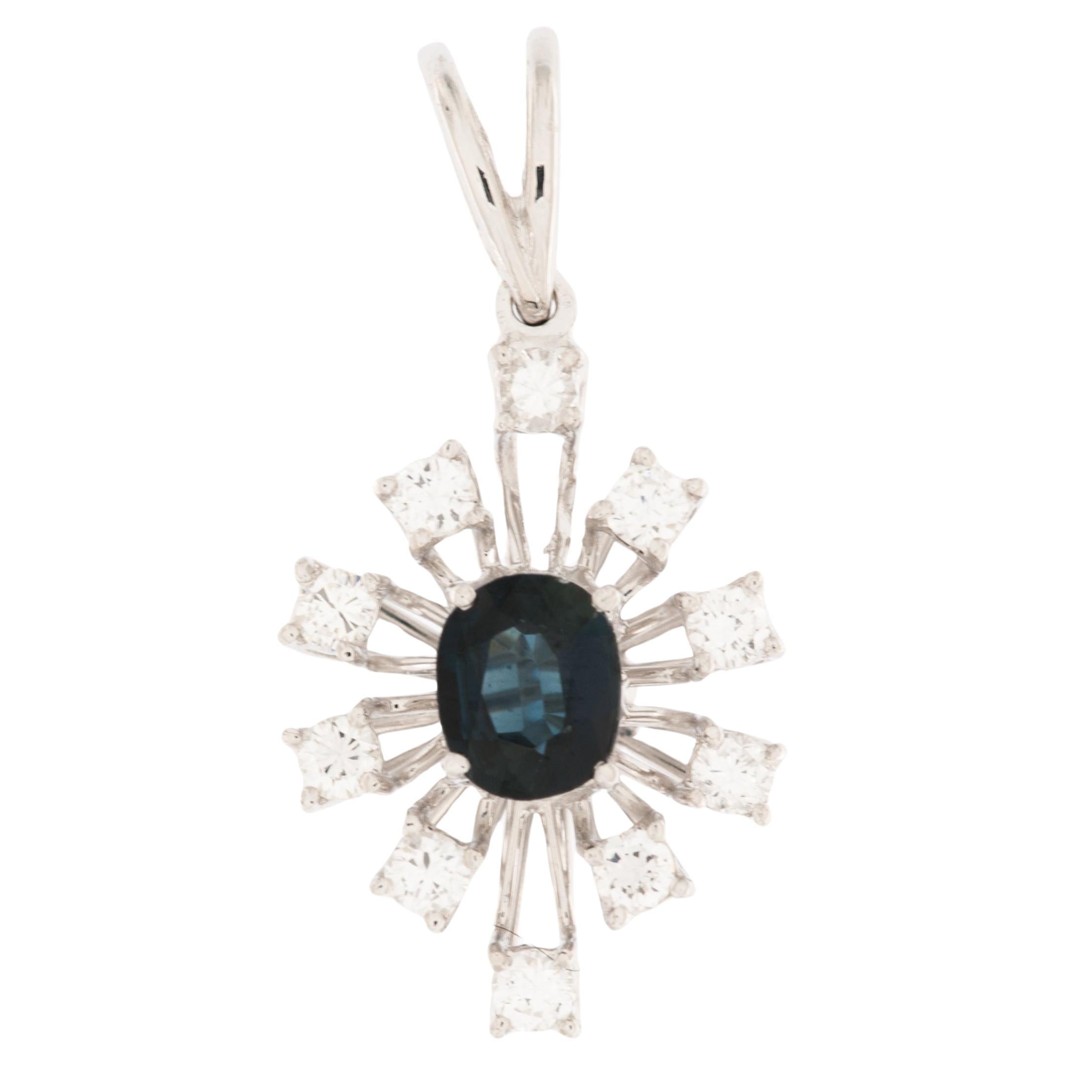 Vintage 18kt White Gold Sunray Design Pendant with Diamonds and Sapphire For Sale