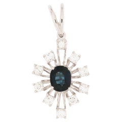 Vintage 18kt White Gold Sunray Design Pendant with Diamonds and Sapphire