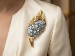 Vintage 18kt White & Yellow Gold Flower Spray Brooch, 10ct Aquamarines