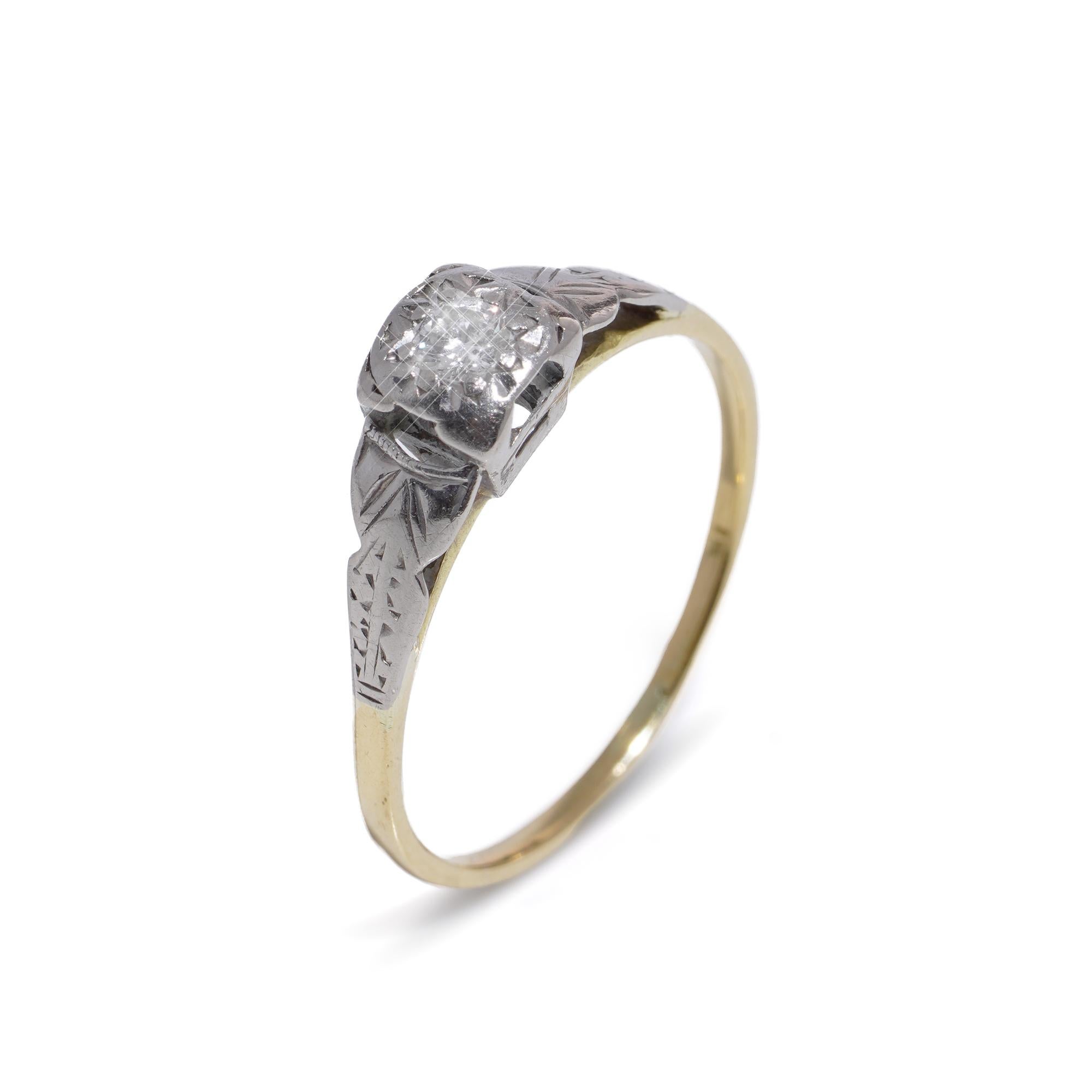 Vintage 18kt yellow and white gold diamond solitaire ring.
X-Ray tested positive for 18kt gold.

Dimensions -
Finger Size (UK) = Q 1/2 (EU) = 58.5 (US) = 8.75
Weight: 2.00 grams

Diamond -
Cut: Round brilliant
Quantity of stones: 1
Carat weight: