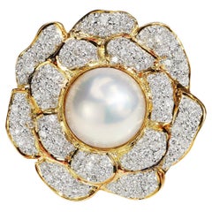 Vintage 18kt. Yellow and White Gold Flower Brooch with Half Cultured Pearl