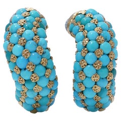 Paire de boucles d'oreilles vintage en or jaune et blanc 18kt TURQUOISE à clip