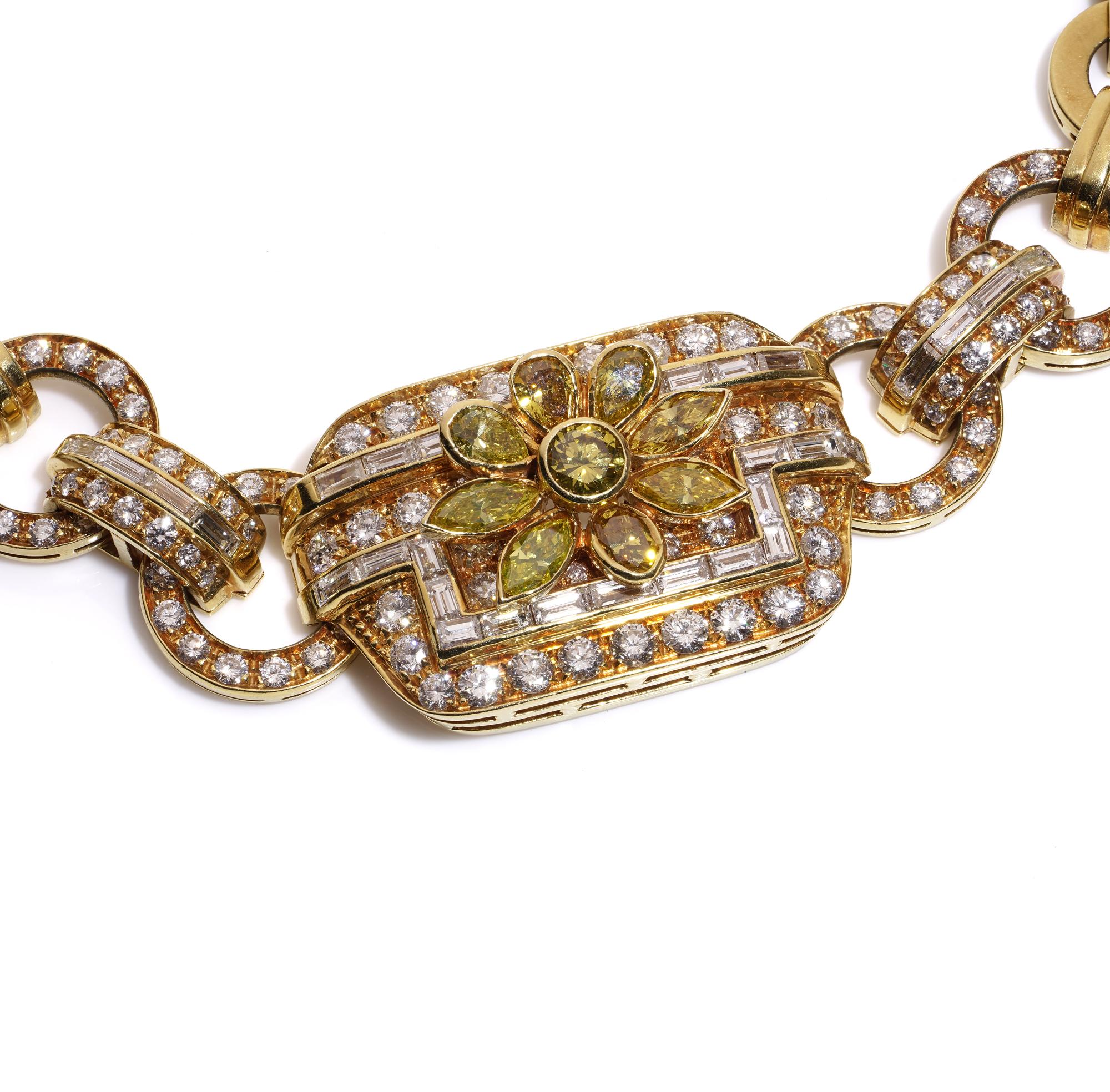 Vintage 18kt yellow collar necklace with fancy yellow and white diamonds For Sale 1