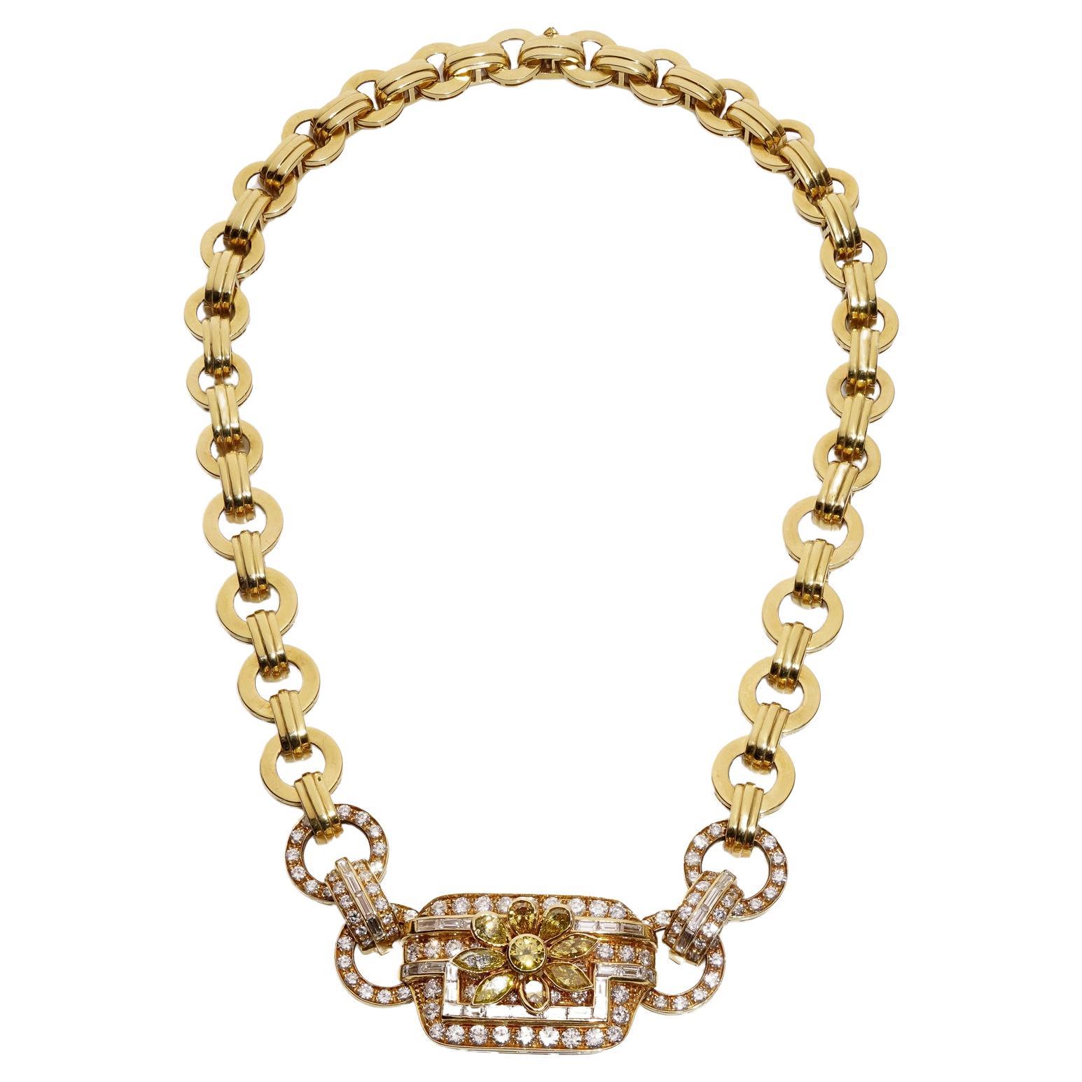 Vintage 18kt yellow collar necklace with fancy yellow and white diamonds For Sale