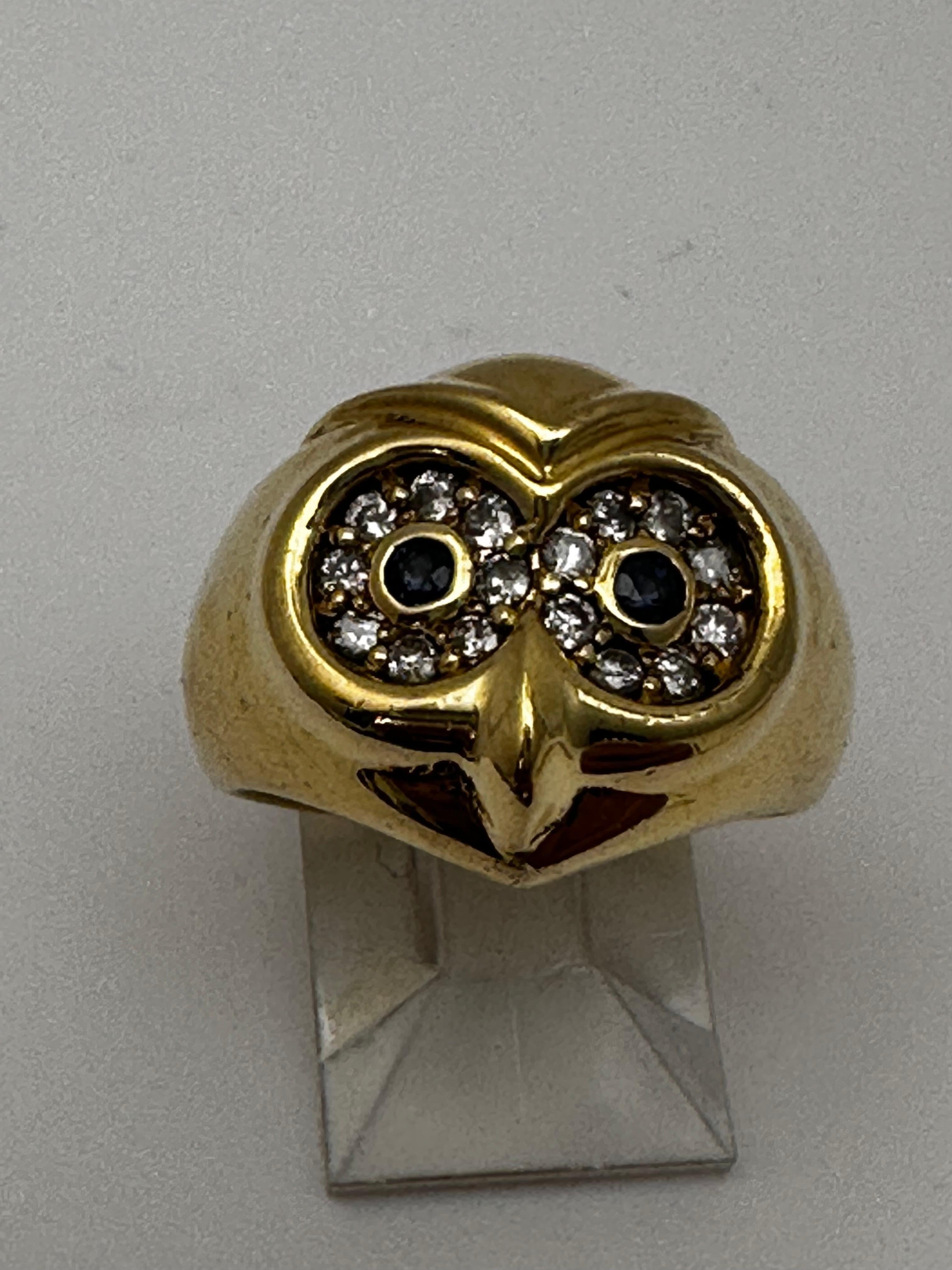 Vintage 18kt Yellow Gold 16mm Wide Sapphire Diamond OWL Ring Size 6 1/4 For Sale 5
