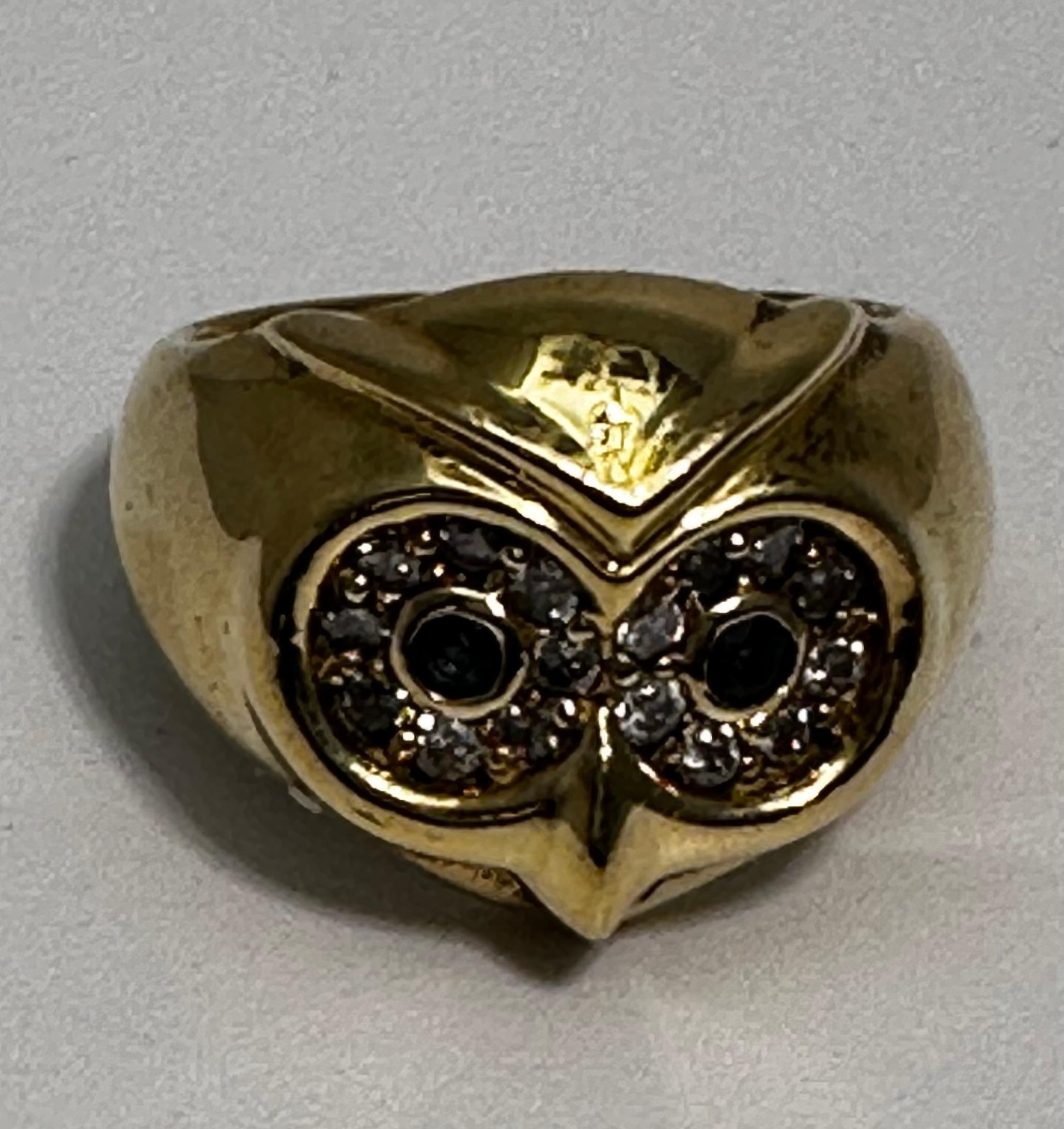 Vintage 18kt Yellow Gold 16mm Wide Sapphire Diamond OWL Ring Size 6 1/4 For Sale 6