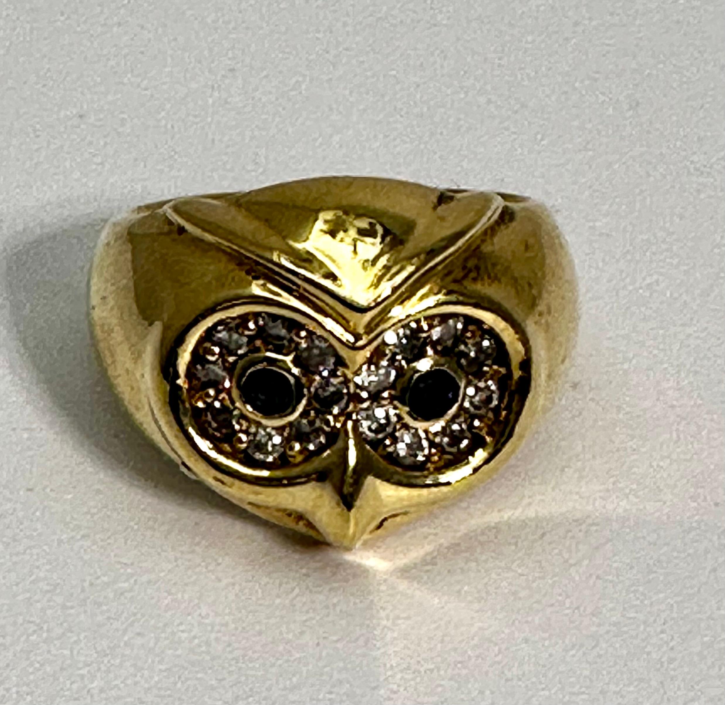 Vintage 18kt Yellow Gold 16mm Wide Sapphire Diamond OWL Ring Size 6 1/4 For Sale 7