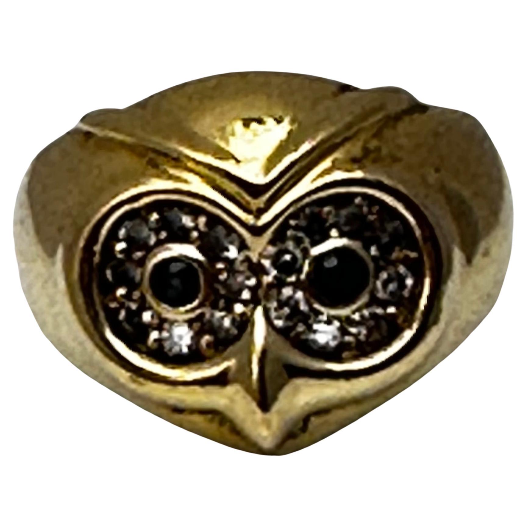 Vintage 18kt Yellow Gold 16mm Wide Sapphire Diamond OWL Ring Size 6 1/4

Owl symbolism and meanings include wisdom, intuition, supernatural power, independent thinking, and observant listening. The mysterious owl has been a subject in the