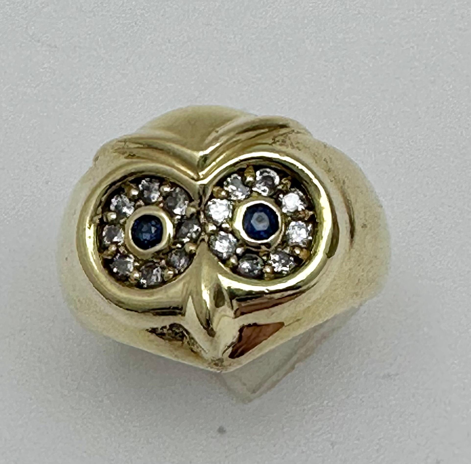 Artisan Vintage 18kt Yellow Gold 16mm Wide Sapphire Diamond OWL Ring Size 6 1/4 For Sale