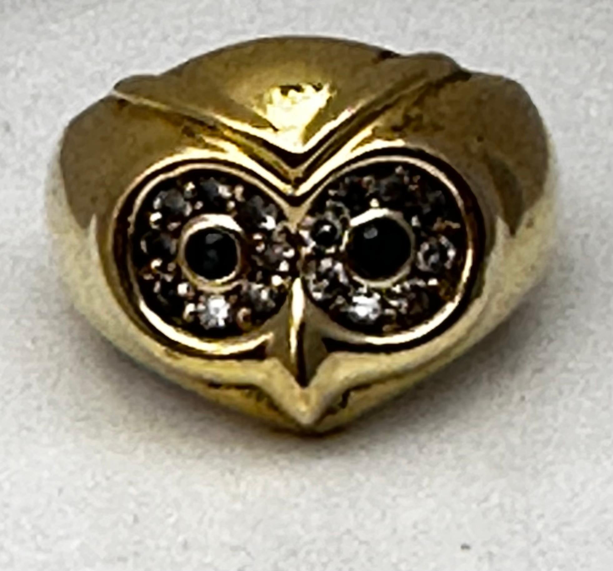 Round Cut Vintage 18kt Yellow Gold 16mm Wide Sapphire Diamond OWL Ring Size 6 1/4 For Sale