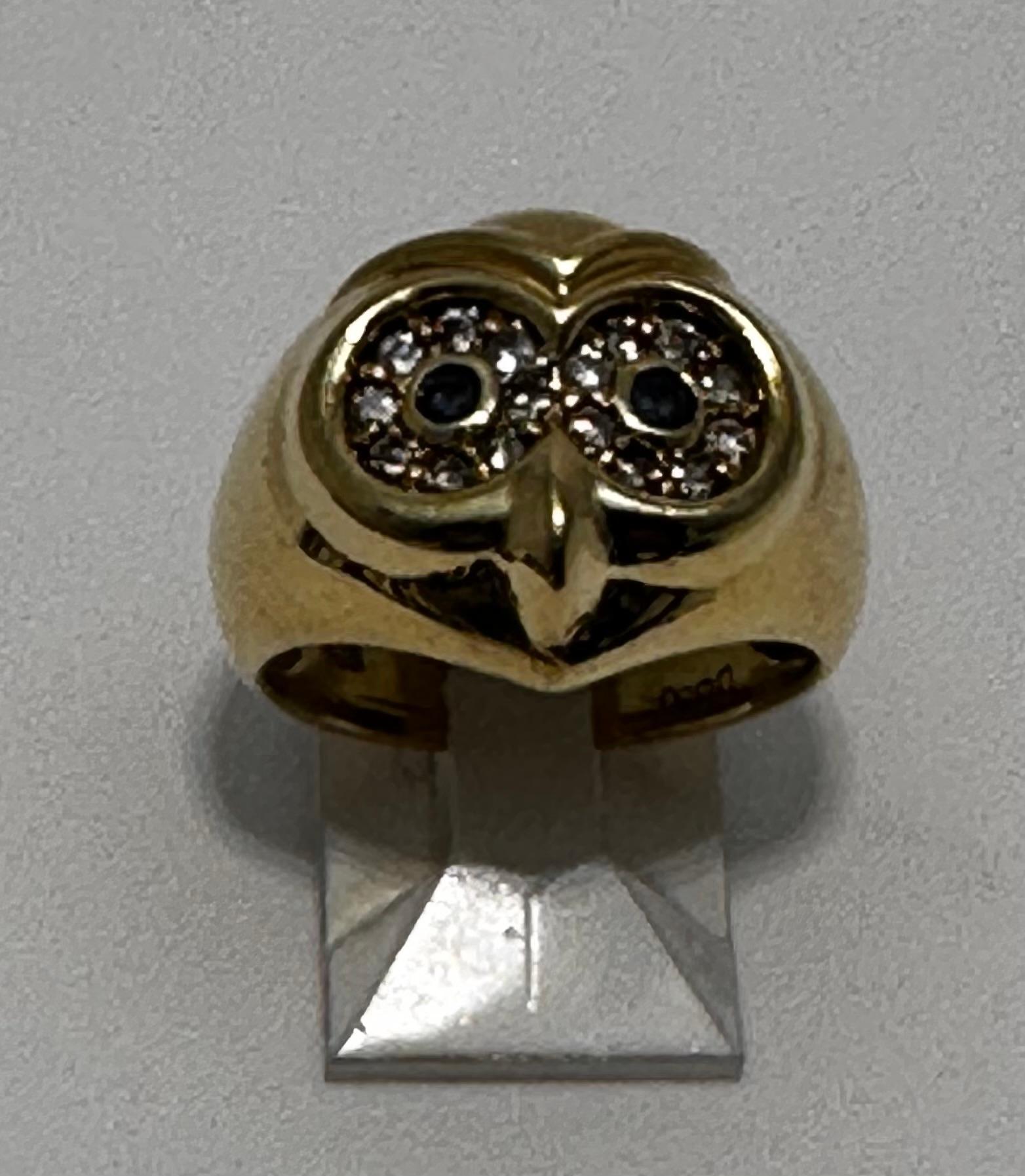 Vintage 18kt Yellow Gold 16mm Wide Sapphire Diamond OWL Ring Size 6 1/4 In Good Condition For Sale In Las Vegas, NV