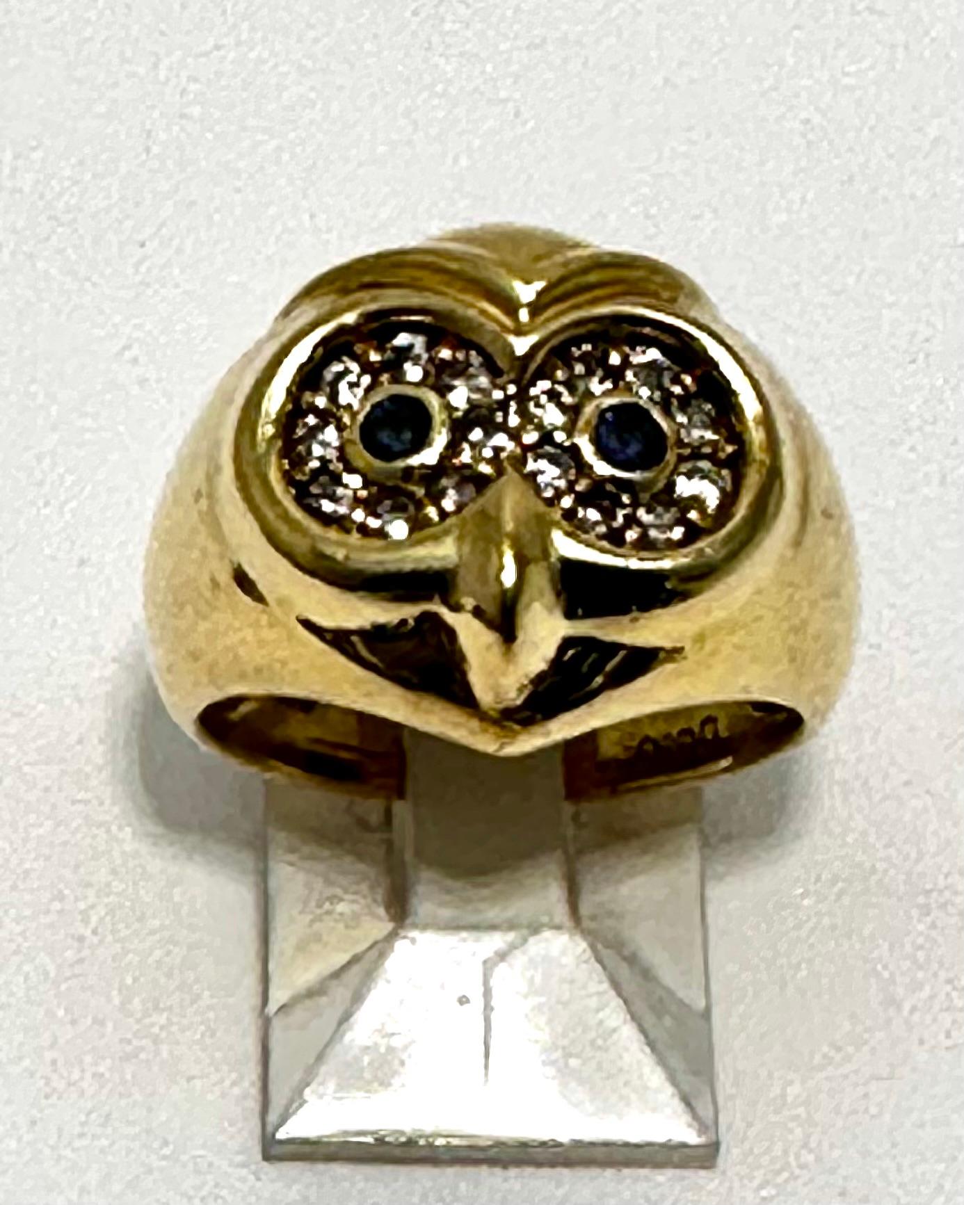 Vintage 18kt Yellow Gold 16mm Wide Sapphire Diamond OWL Ring Size 6 1/4 For Sale 1