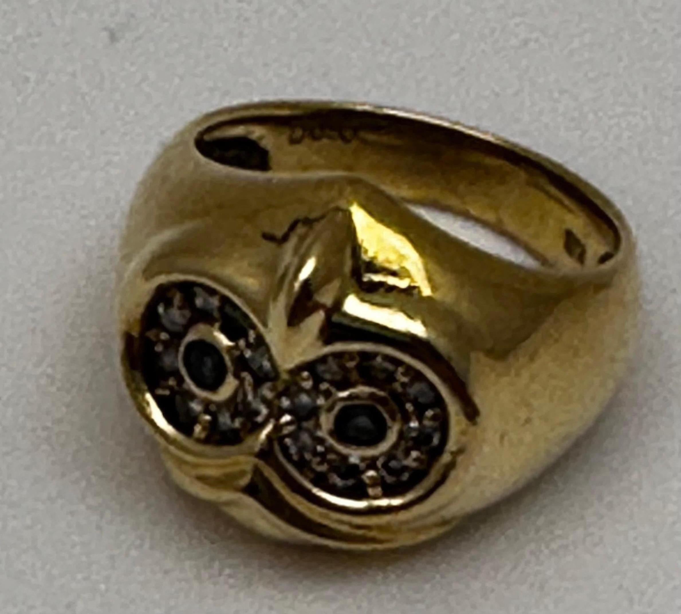 Vintage 18kt Yellow Gold 16mm Wide Sapphire Diamond OWL Ring Size 6 1/4 For Sale 3