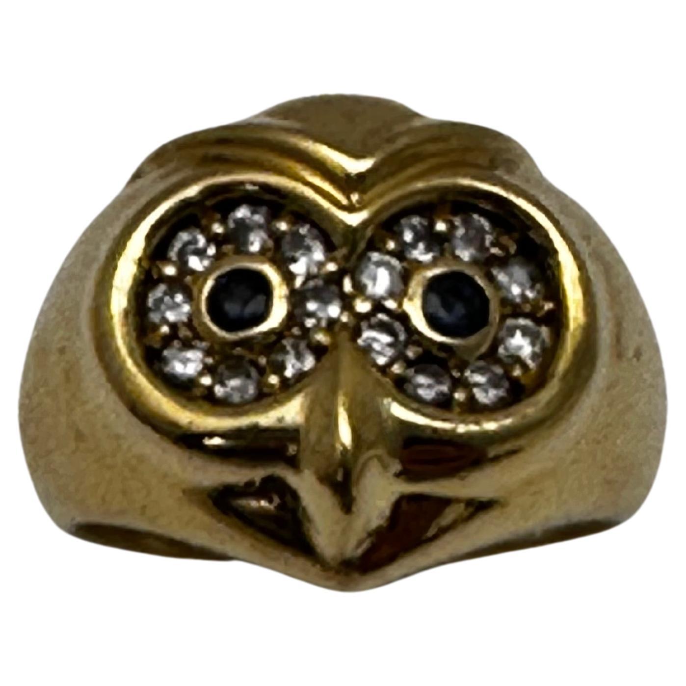 Vintage 18kt Yellow Gold 16mm Wide Sapphire Diamond OWL Ring Size 6 1/4 For Sale