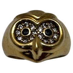 Vintage 18kt Yellow Gold 16mm Wide Sapphire Diamond OWL Ring Size 6 1/4