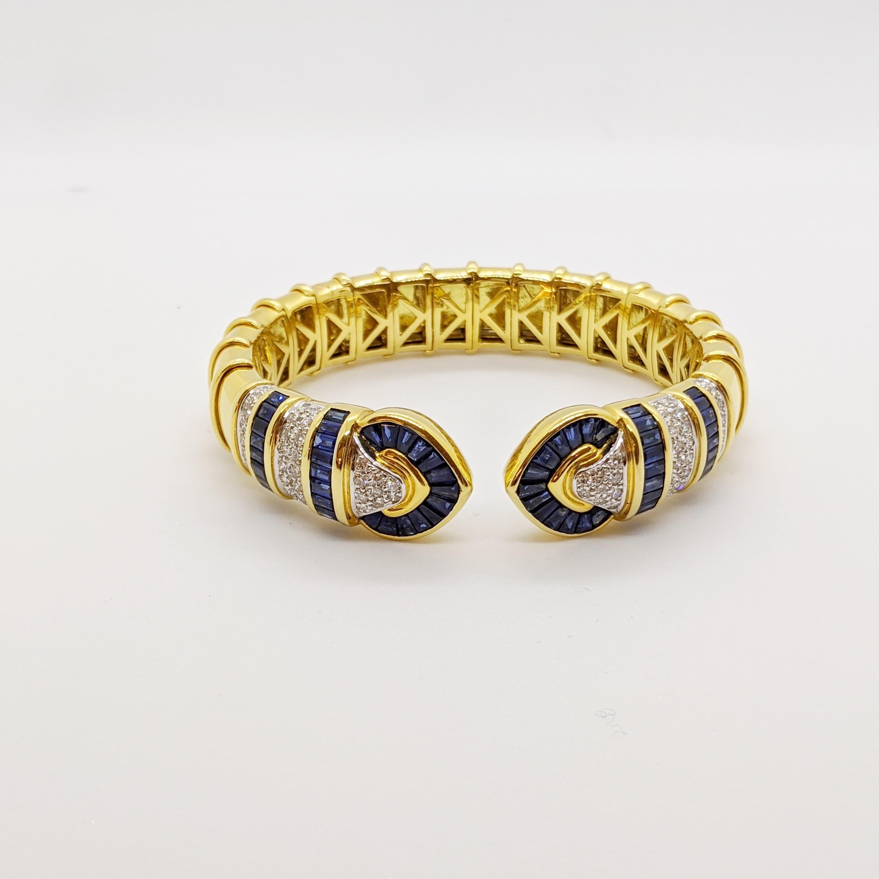 Vintage 18 Karat Gold 1.74 Carat Diamond and 9.87Ct. Blue Sapphire Cuff Bracelet In New Condition For Sale In New York, NY