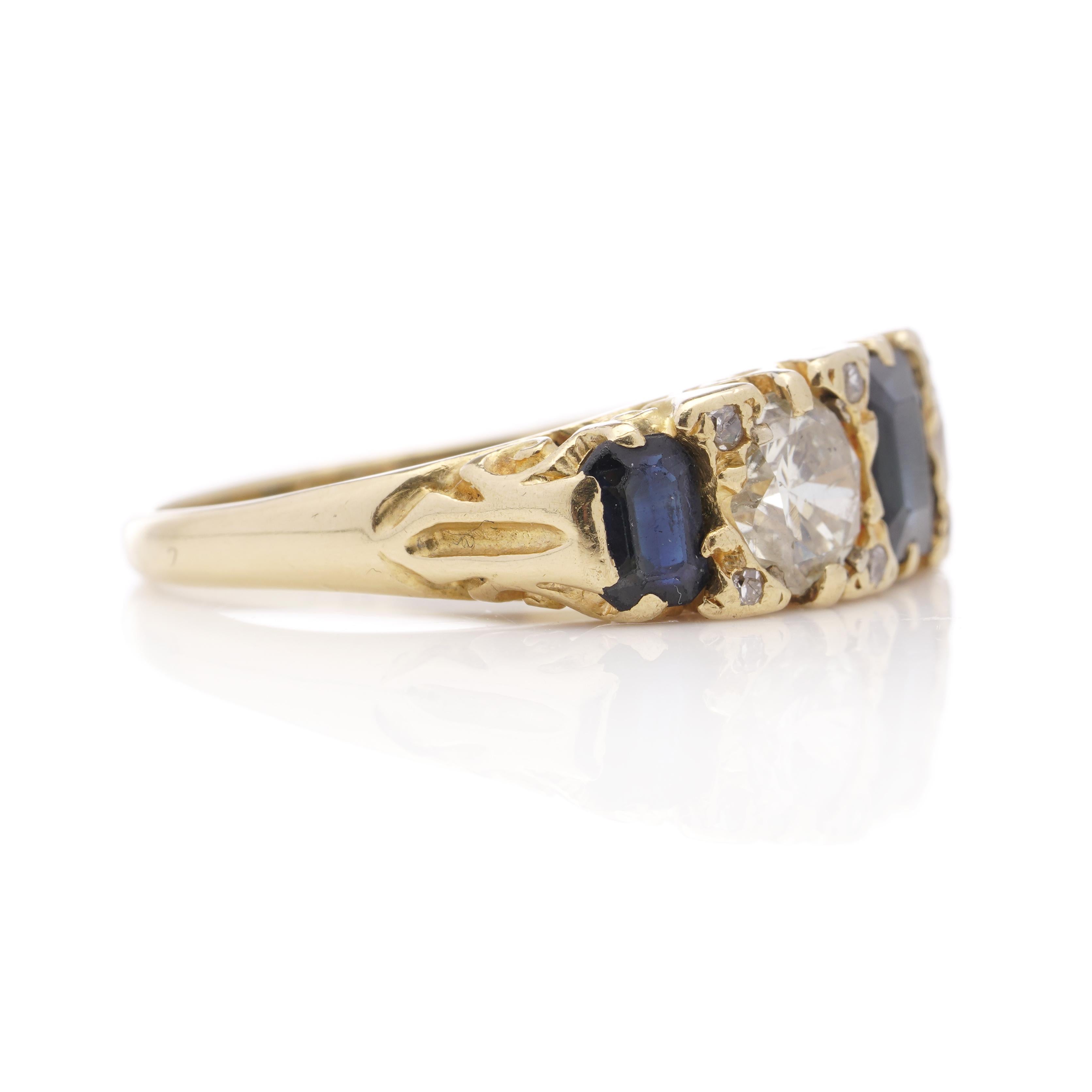 Women's Vintage 18 Karat Yellow Gold 5 Stone Ladies Ring with Sapphires and Diamonds For Sale