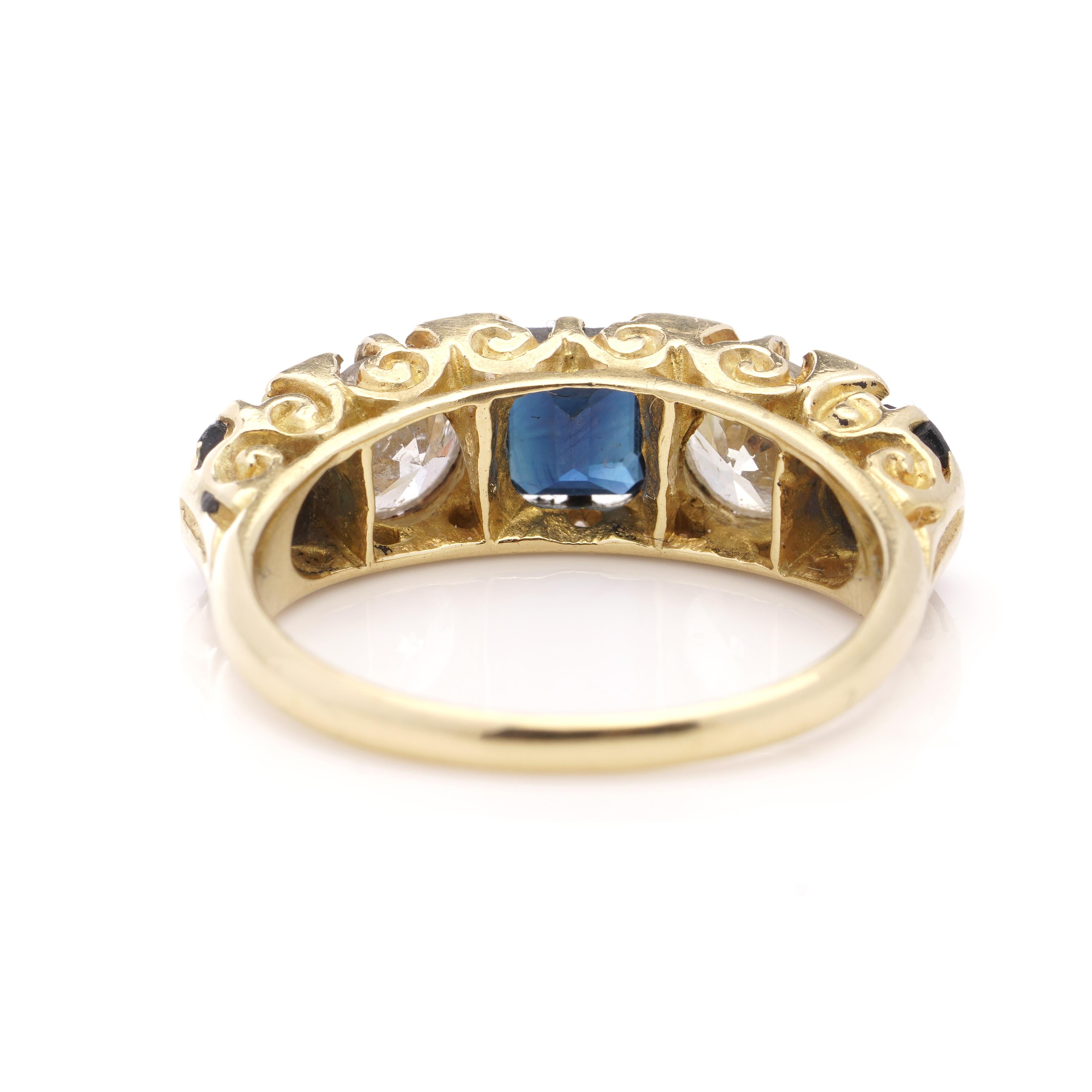 Vintage 18 Karat Yellow Gold 5 Stone Ladies Ring with Sapphires and Diamonds For Sale 1