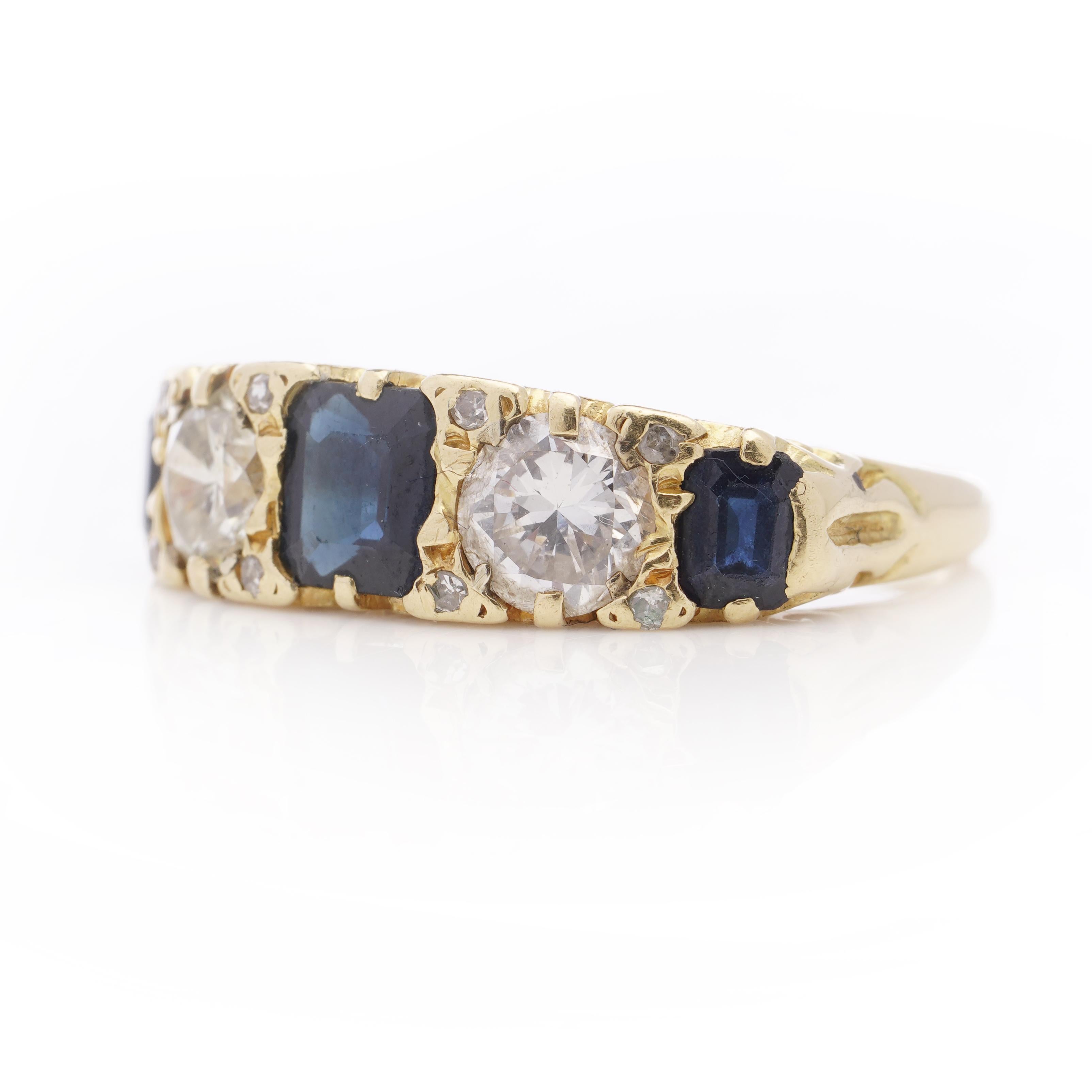 Vintage 18 Karat Yellow Gold 5 Stone Ladies Ring with Sapphires and Diamonds For Sale 2
