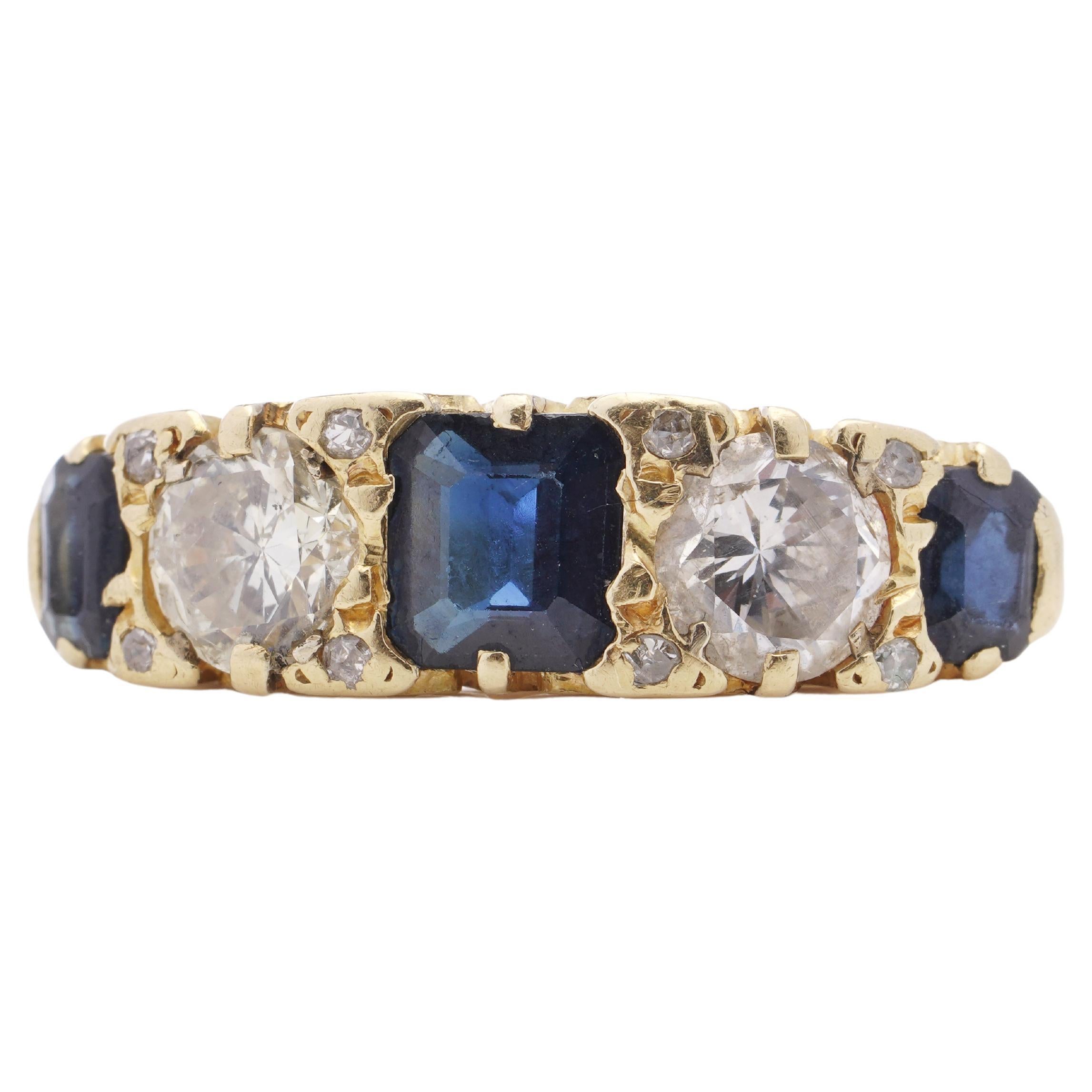 Vintage 18 Karat Yellow Gold 5 Stone Ladies Ring with Sapphires and Diamonds For Sale