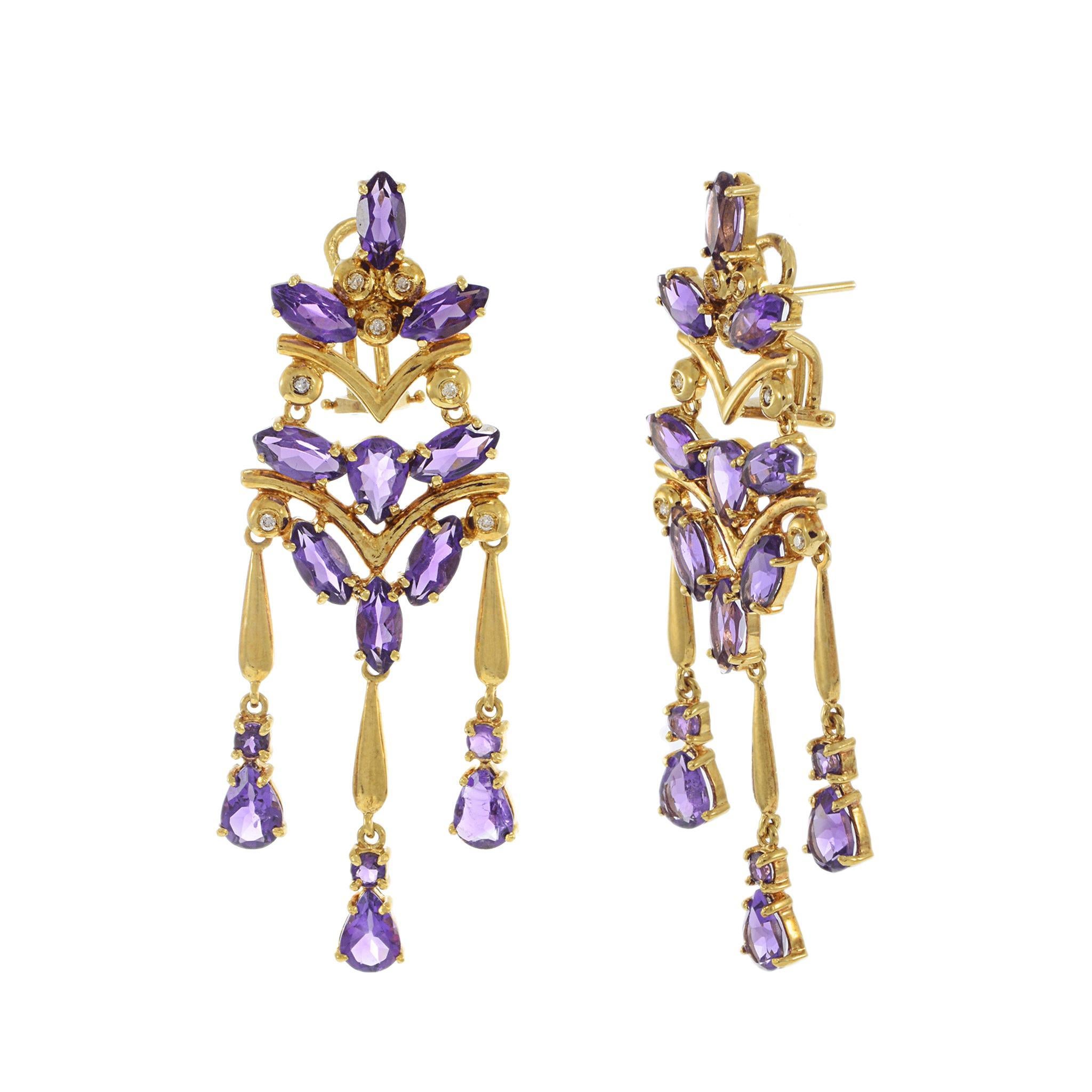 Taglio misto Orecchini lampadario d'epoca in oro giallo 18KT con ametista e diamante in vendita