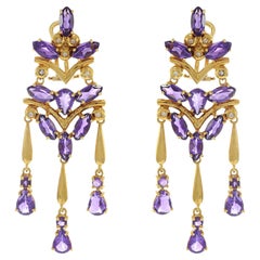 Boucles d'oreilles chandelier vintage en or jaune 18KT avec améthyste et diamant