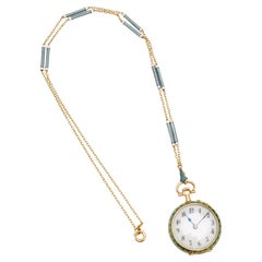 Vintage 18kt, Yellow Gold and Guilloche Enamelled Pendant Watch Necklace