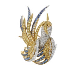 Vintage 18KT Yellow Gold Bird Brooch with Yellow Diamonds and Blue Sapphires