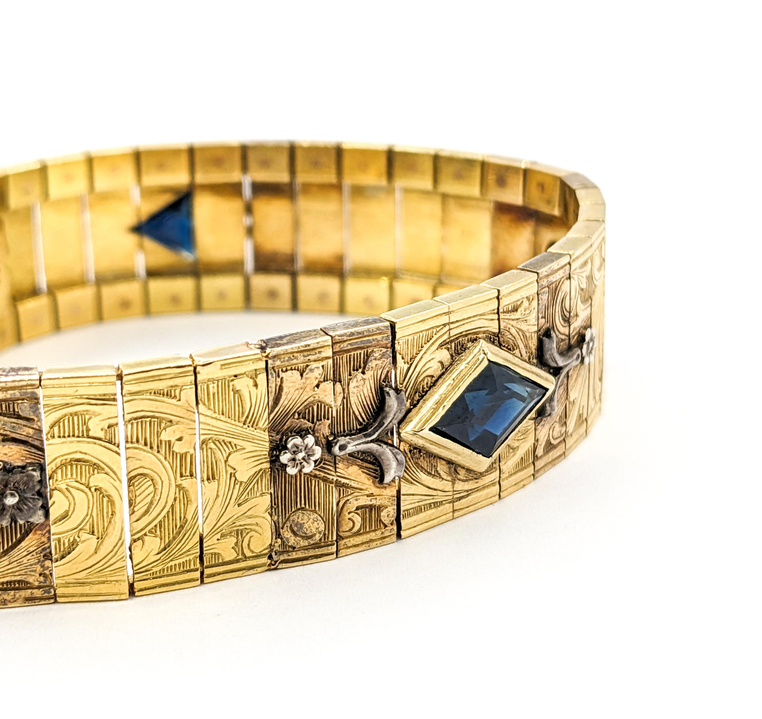 Vintage 18kt Yellow Gold Bracelet with European Cut Diamond & Sapphire Gems For Sale 4