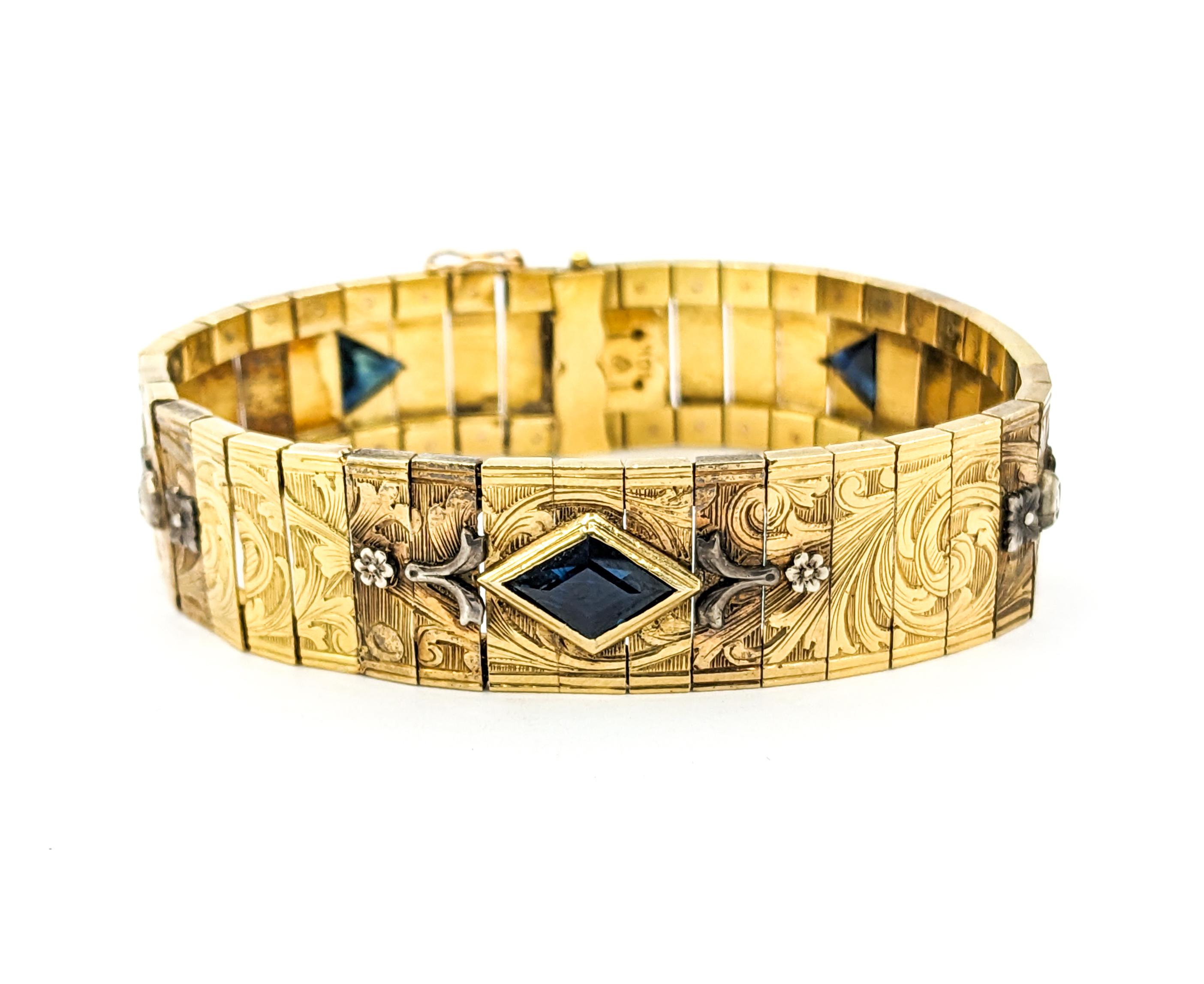 Vintage 18kt Yellow Gold Bracelet with European Cut Diamond & Sapphire Gems For Sale 5