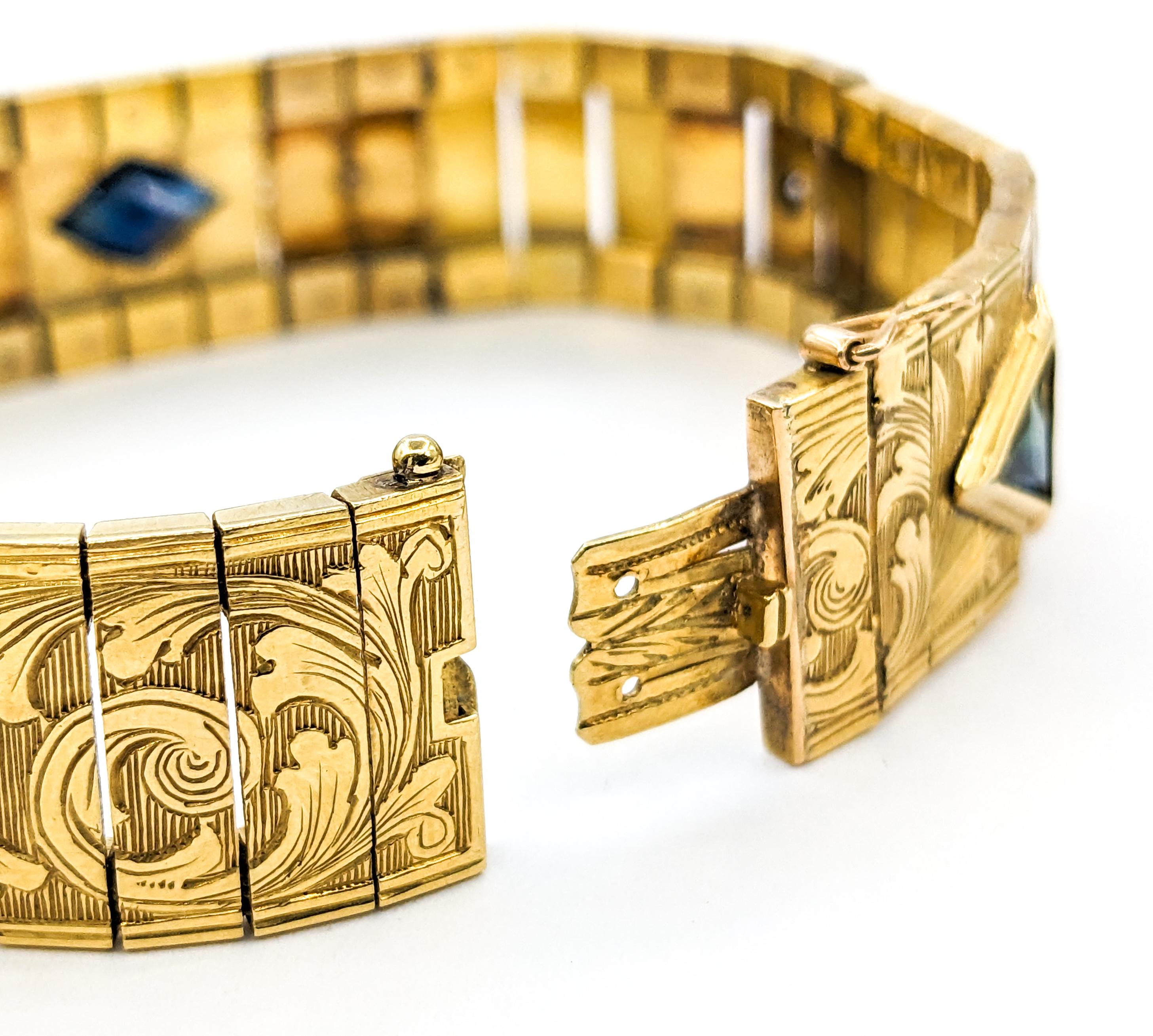 Vintage 18kt Yellow Gold Bracelet with European Cut Diamond & Sapphire Gems For Sale 6