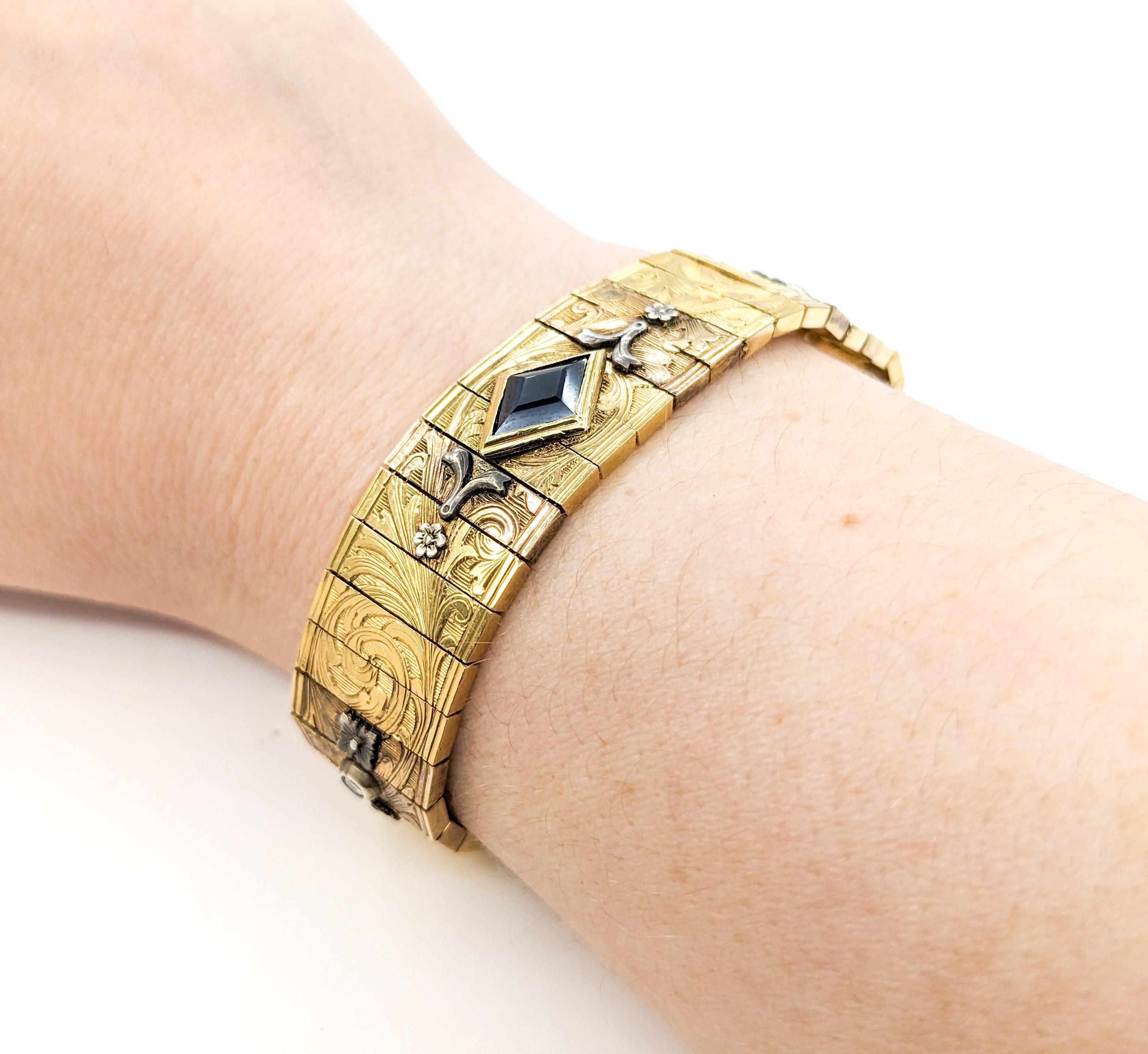 Vintage 18kt Yellow Gold Bracelet with European Cut Diamond & Sapphire Gems

Introducing this beautiful Mid-Century Bracelet, masterfully crafted in 18kt yellow gold. The bracelet features vintage .08ctw European cut diamonds, complemented by