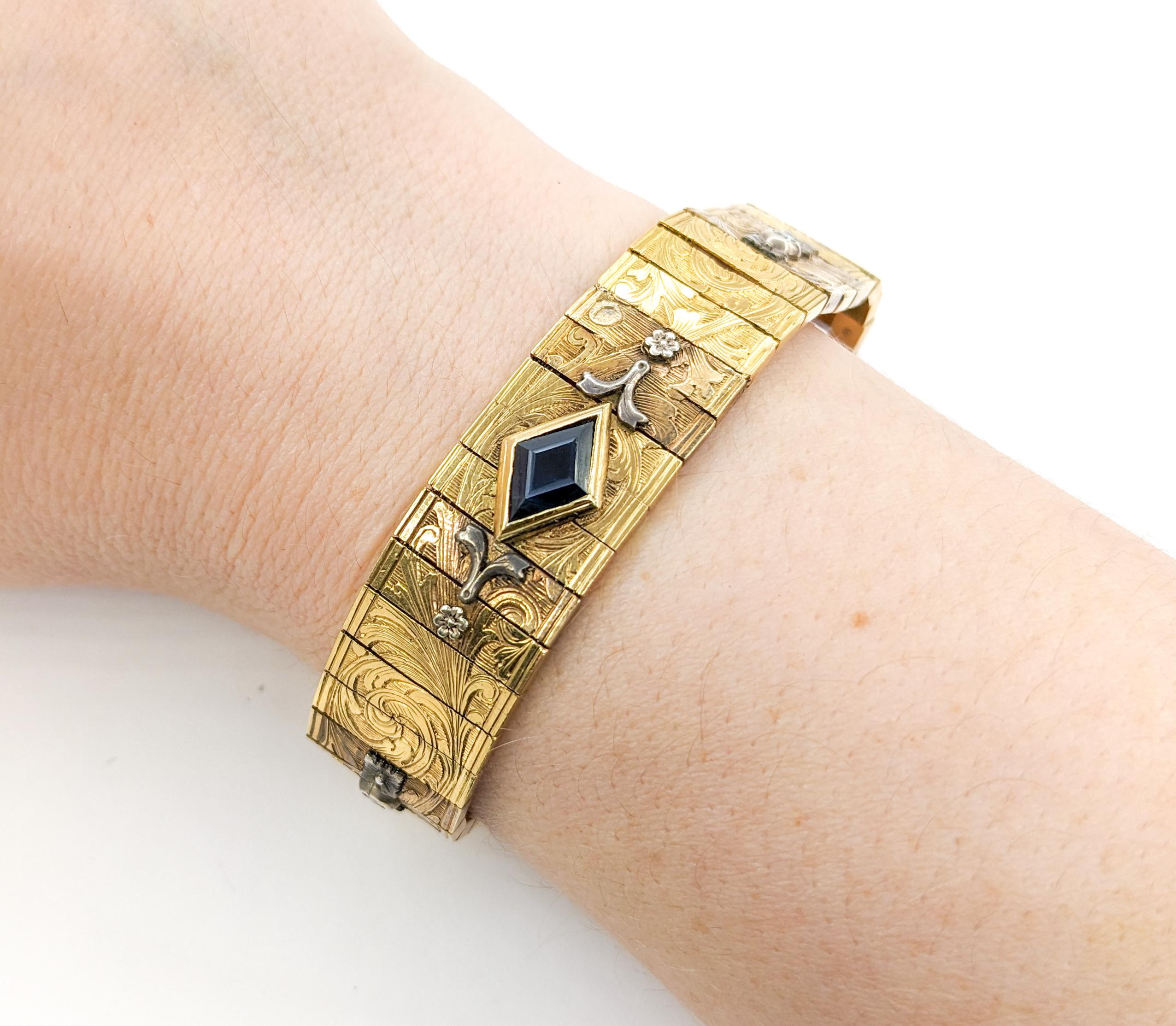 Art Deco Vintage 18kt Yellow Gold Bracelet with European Cut Diamond & Sapphire Gems For Sale