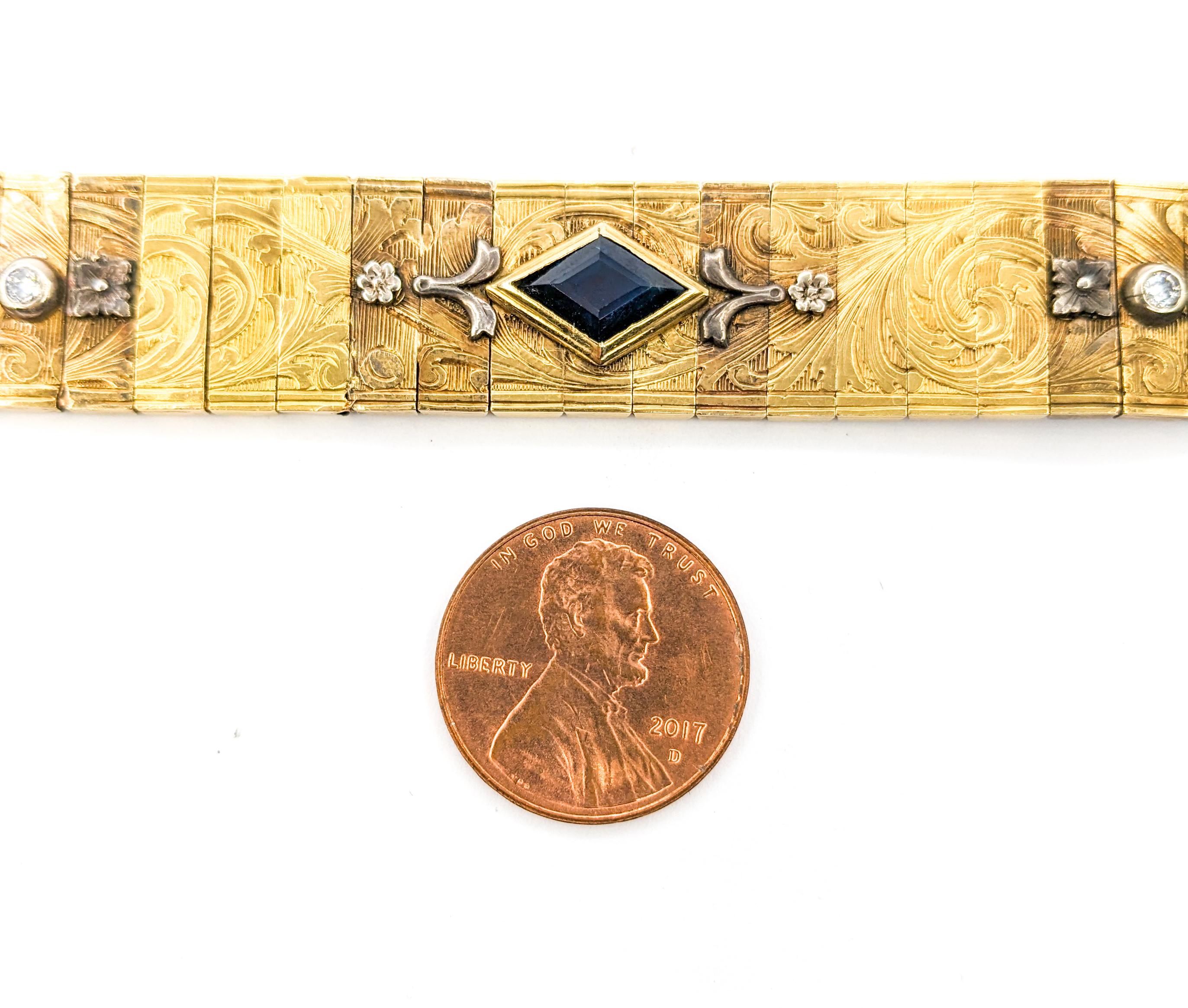 Vintage 18kt Yellow Gold Bracelet with European Cut Diamond & Sapphire Gems In Good Condition For Sale In Bloomington, MN