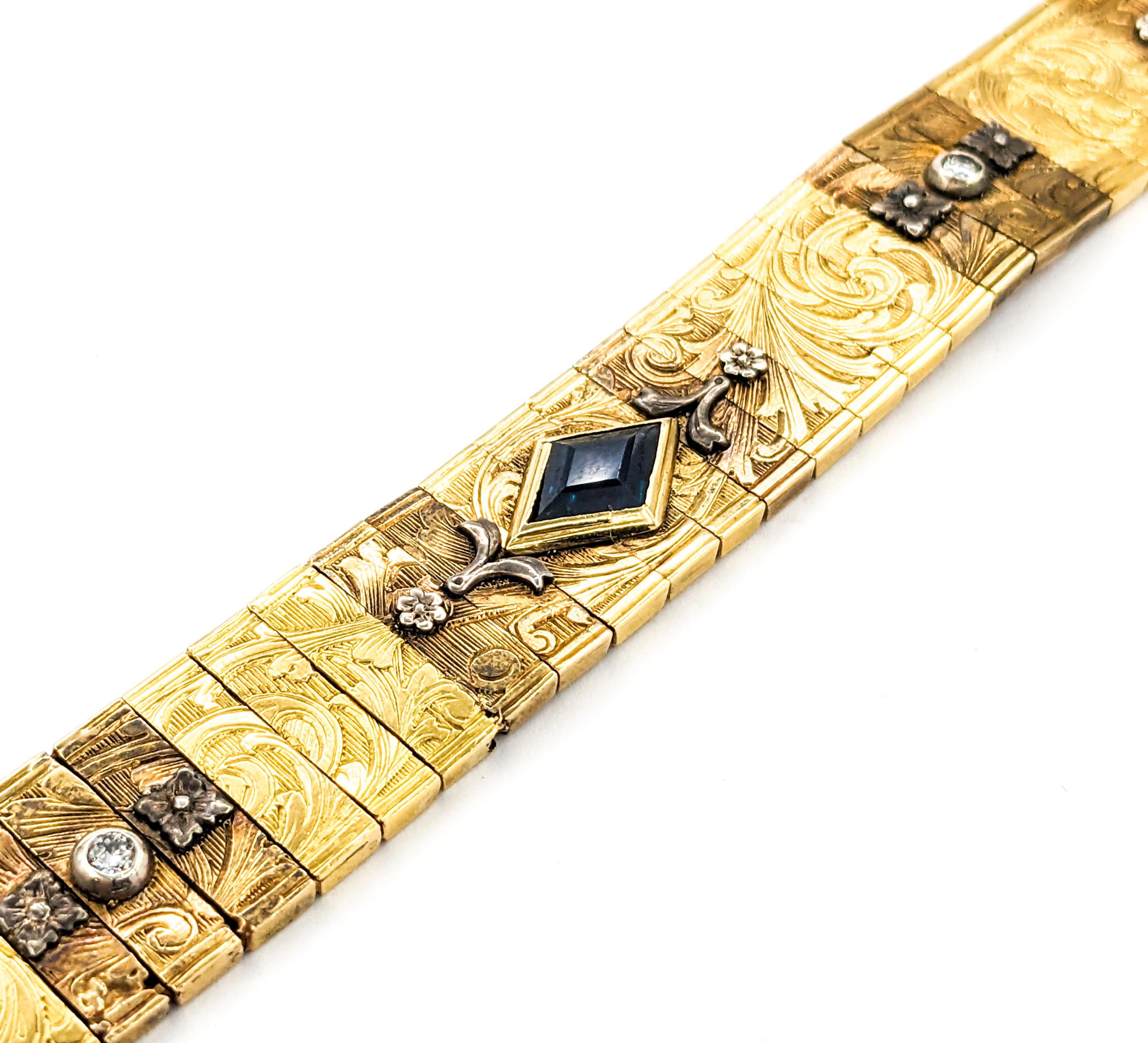 Women's Vintage 18kt Yellow Gold Bracelet with European Cut Diamond & Sapphire Gems For Sale
