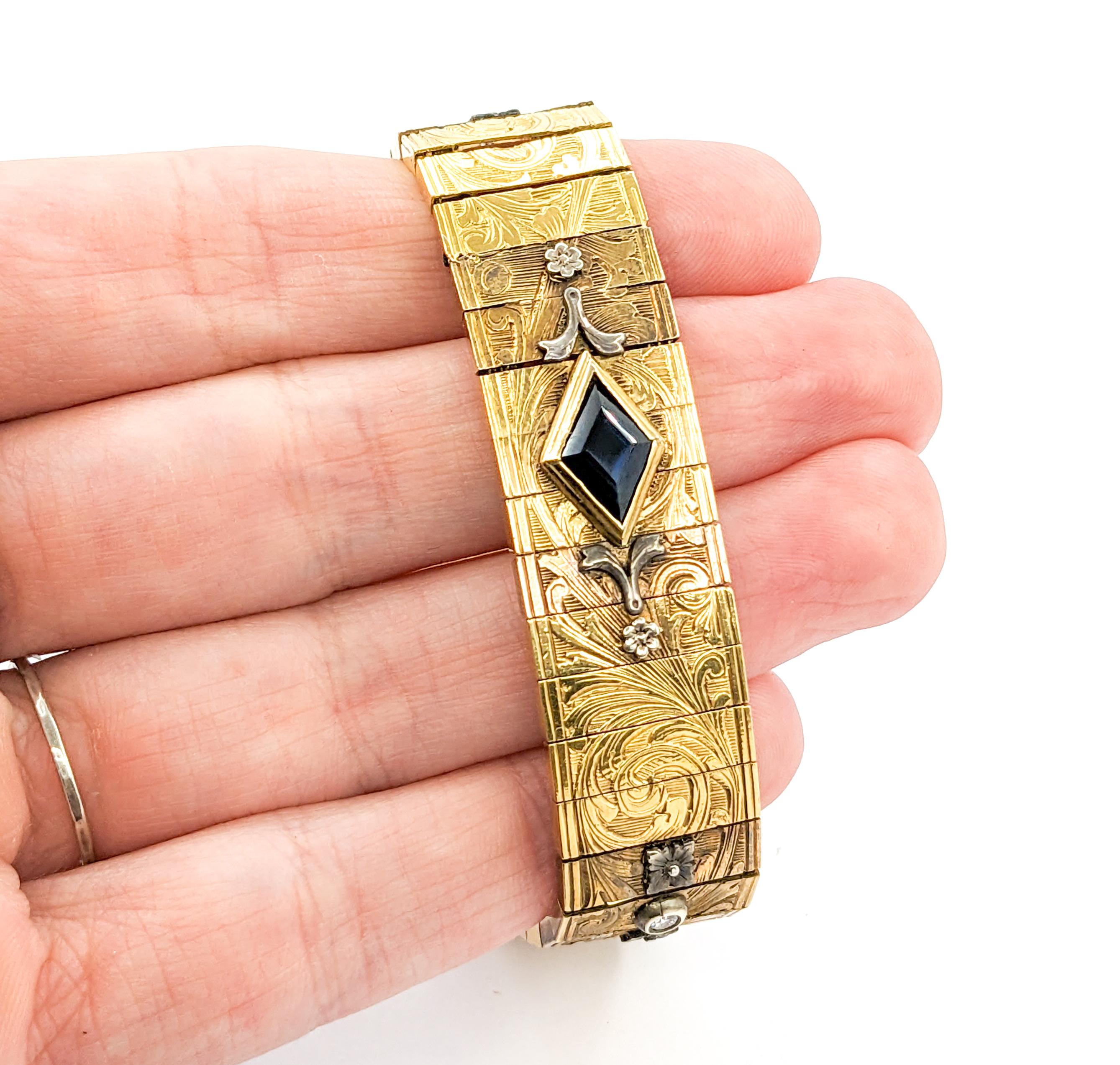 Vintage 18kt Yellow Gold Bracelet with European Cut Diamond & Sapphire Gems For Sale 1