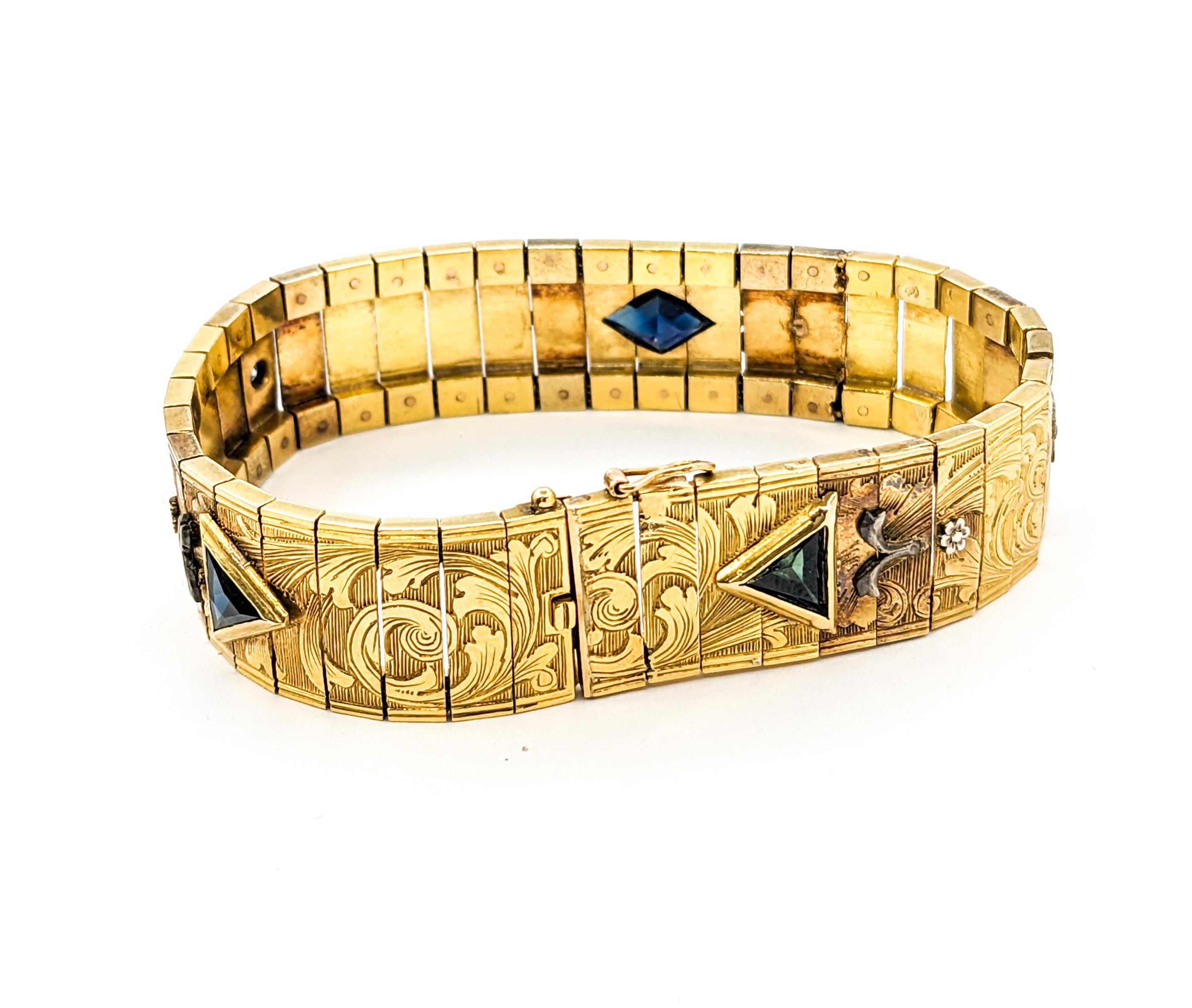 Vintage 18kt Yellow Gold Bracelet with European Cut Diamond & Sapphire Gems For Sale 2