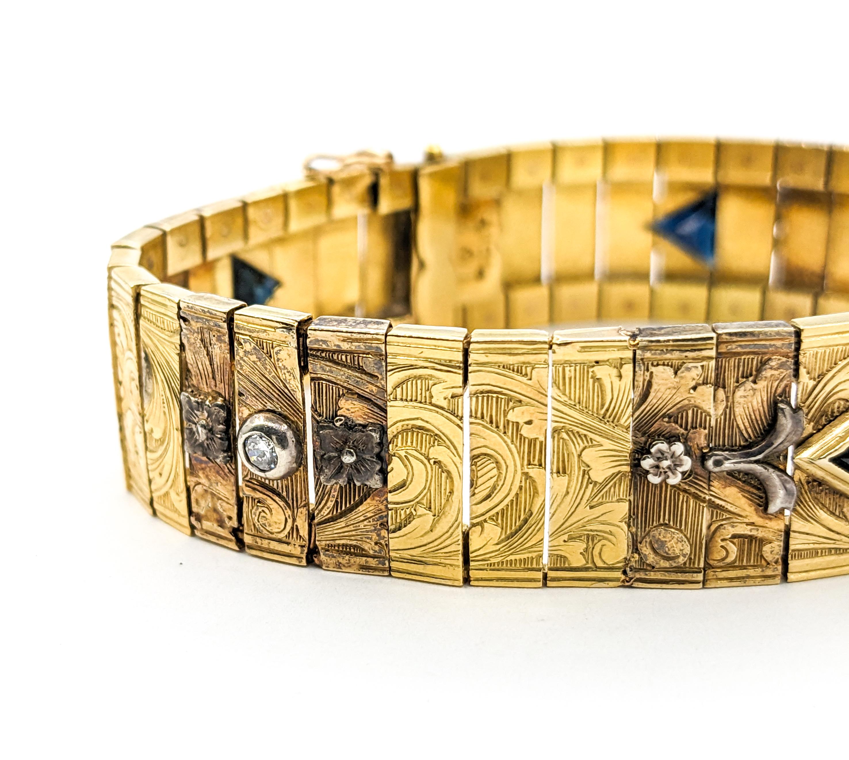 Vintage 18kt Yellow Gold Bracelet with European Cut Diamond & Sapphire Gems For Sale 3
