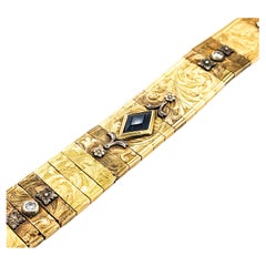 Bracelet vintage en or jaune 18 carats avec diamants et saphirs de taille européenne