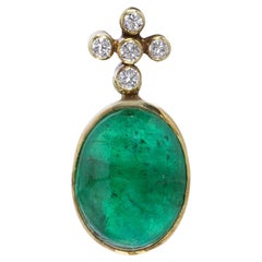 Vintage 18kt yellow gold cabochon emerald and diamond pendant