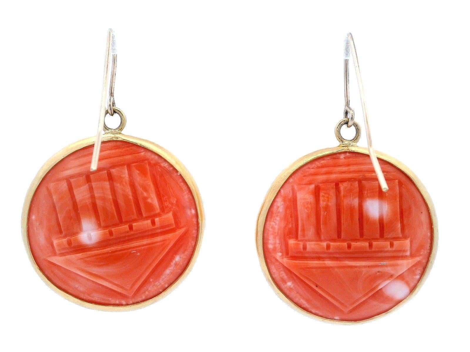 Modern Vintage 18kt yellow Gold Coral Cameo Earrings For Sale