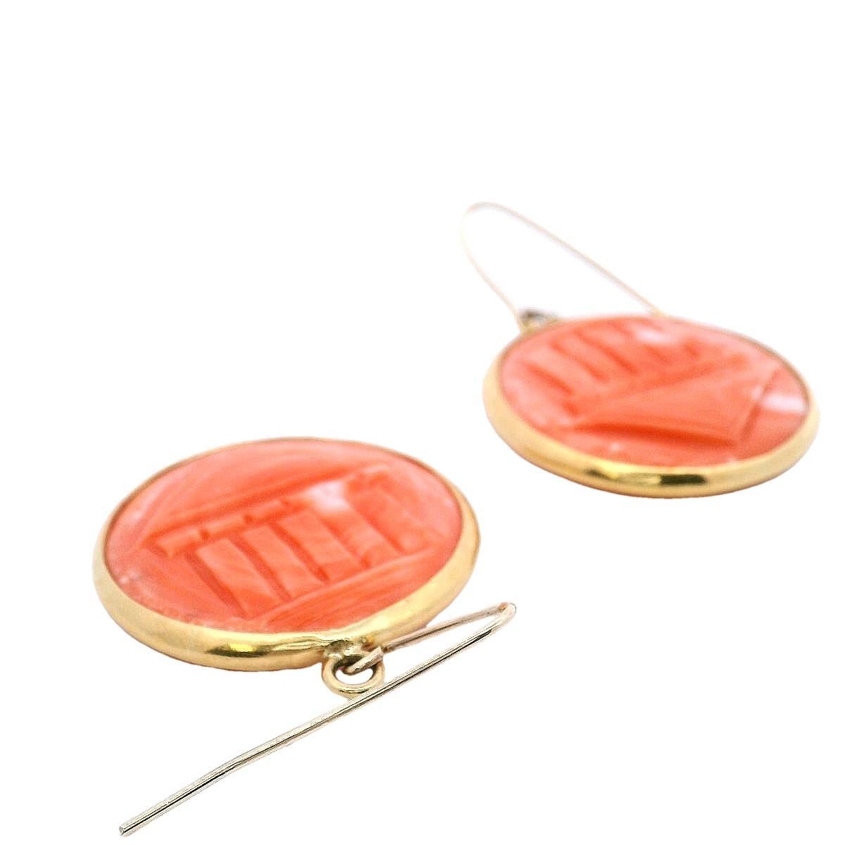 Vintage 18kt yellow Gold Coral Cameo Earrings For Sale 1