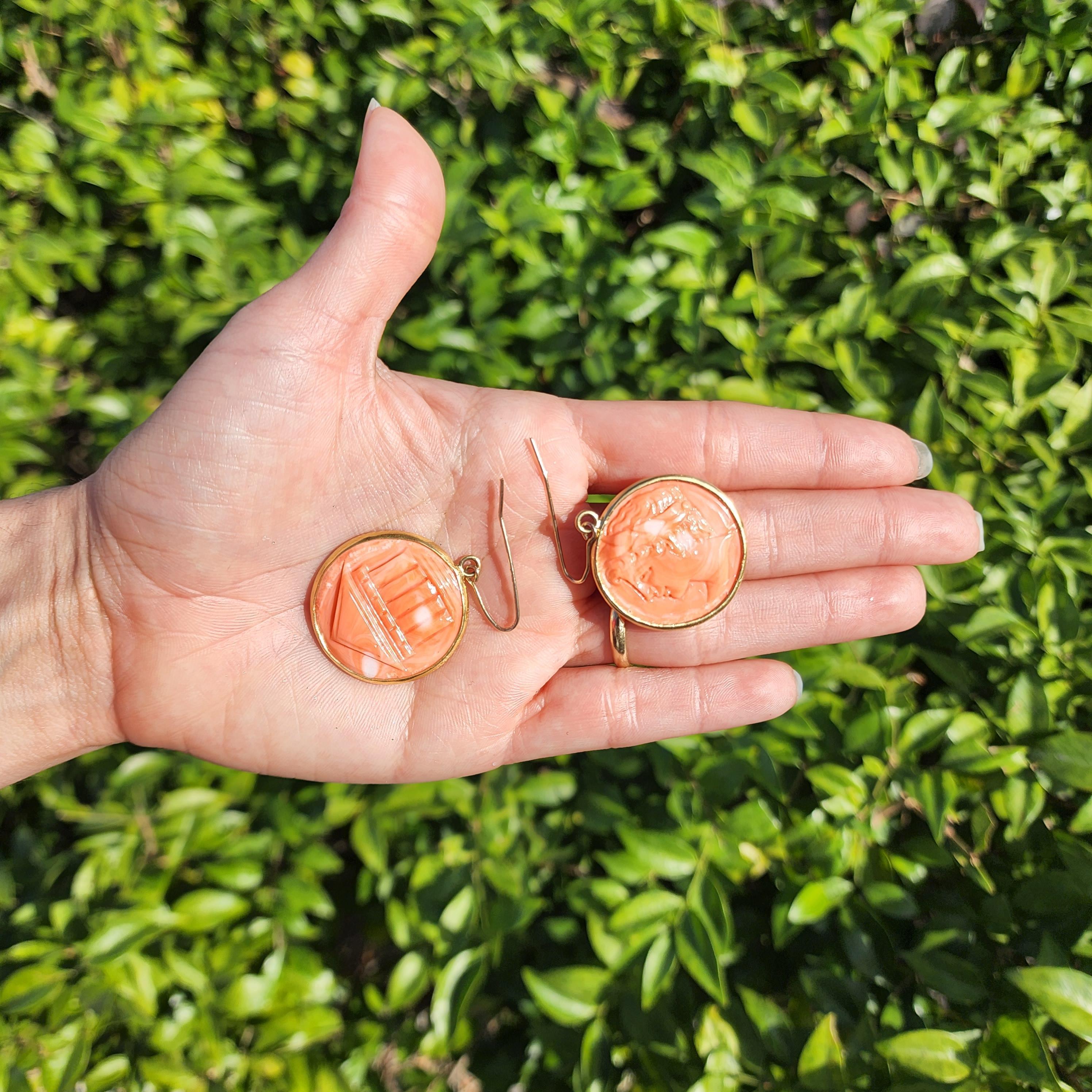 Vintage 18kt yellow Gold Coral Cameo Earrings For Sale 2
